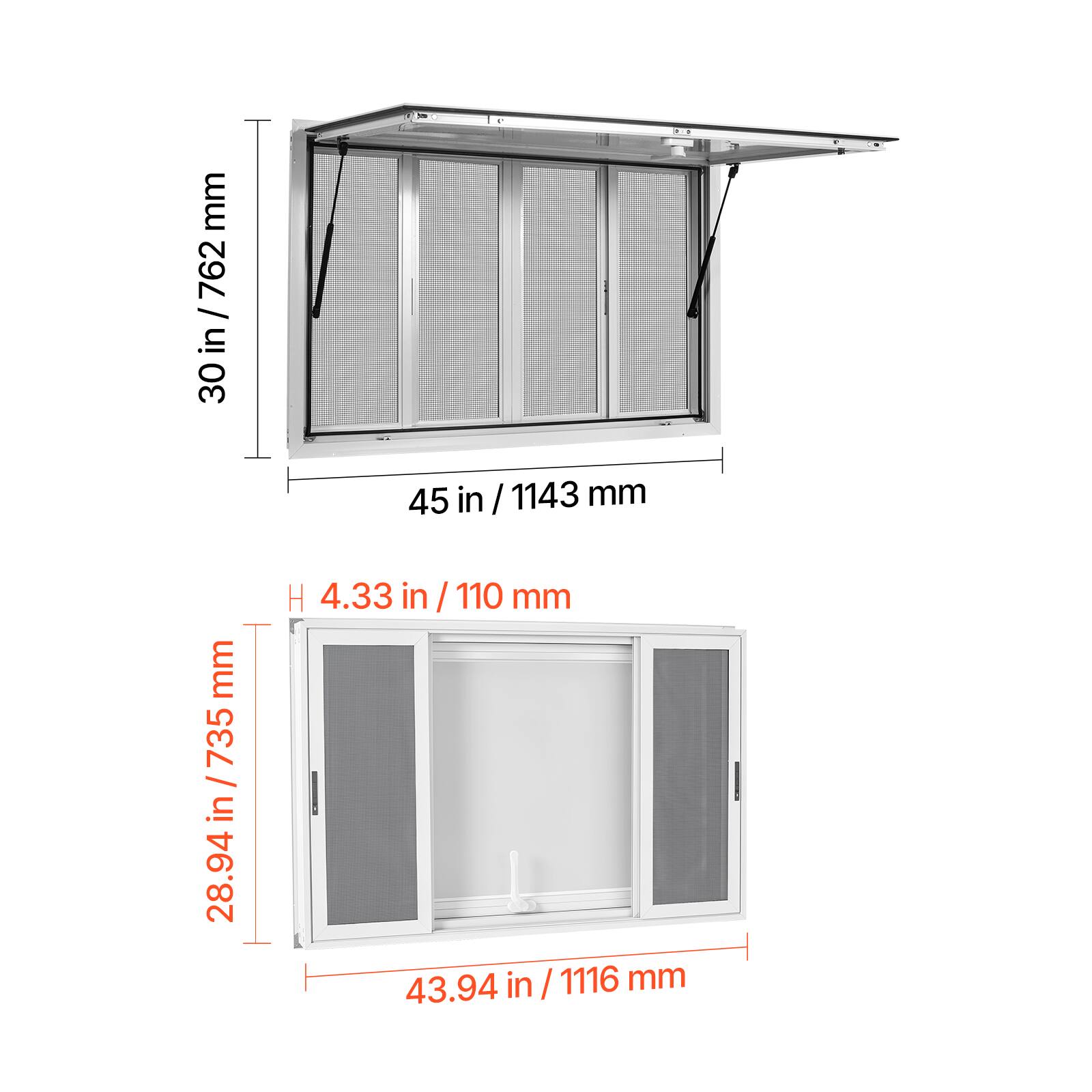 30 in / 762 mm  
45 in / 1143 mm  
28.94 in / 735 mm  
H 4.33 in / 110 mm  
43.94 in / 1116 mm