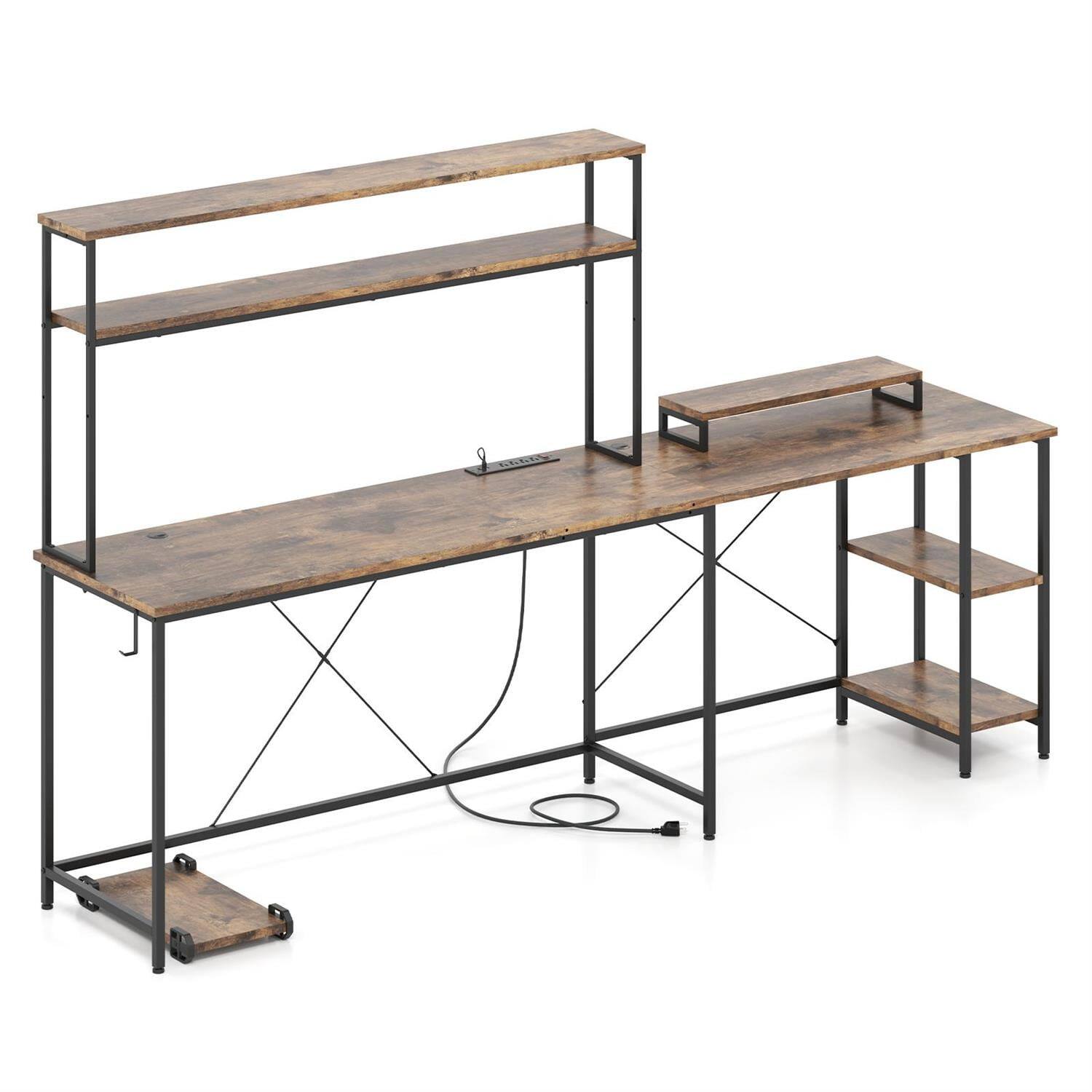 Alt View 2. Pefilos - L-Shaped Reversible Gaming Desk - RGB LED Lights X-Bracket Reinforcement, with Power Outlets Hutch Monitor Stand - Brown.