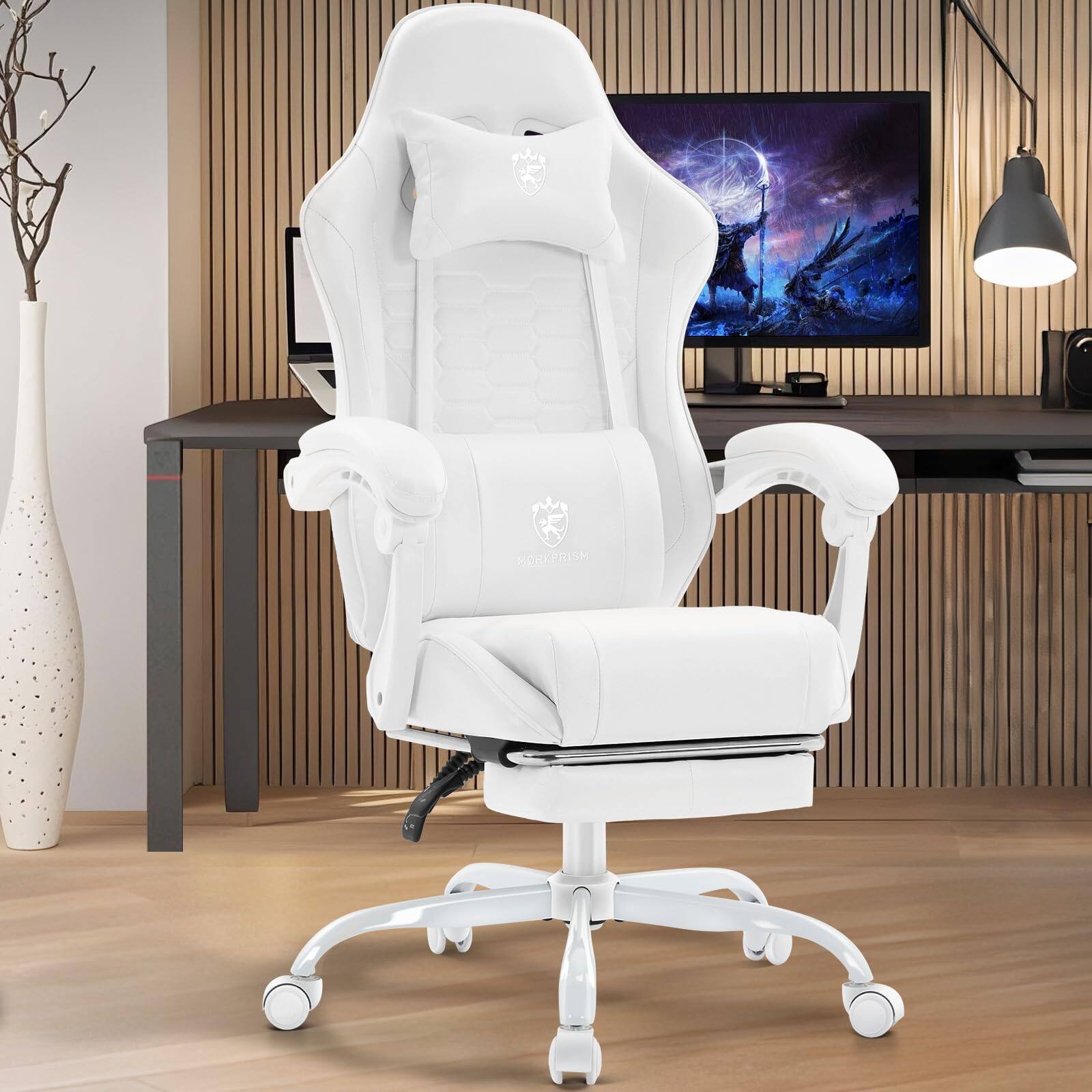 Alt View 1. Hirose Alice - Gaming Chair,Computer Office Chair with Footrest,Massage Lumbar Support and Gel Pad,Ergonomic Reclining Adj... - White High-Grade PU Leather.