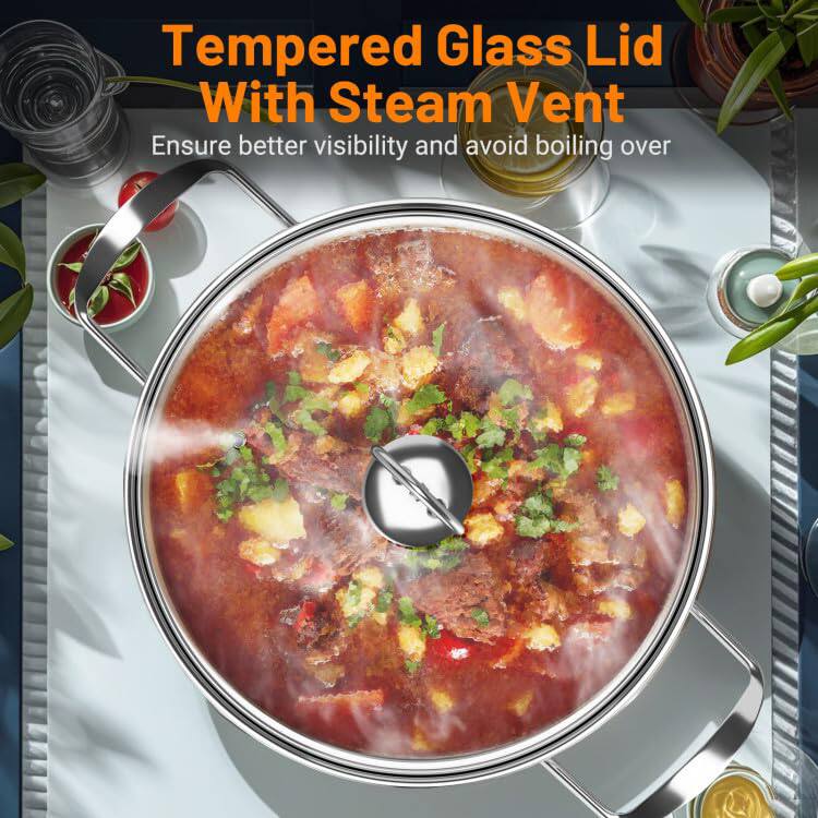 Tempered Glass Lid With Steam Vent  
Ensure better visibility and avoid boiling over