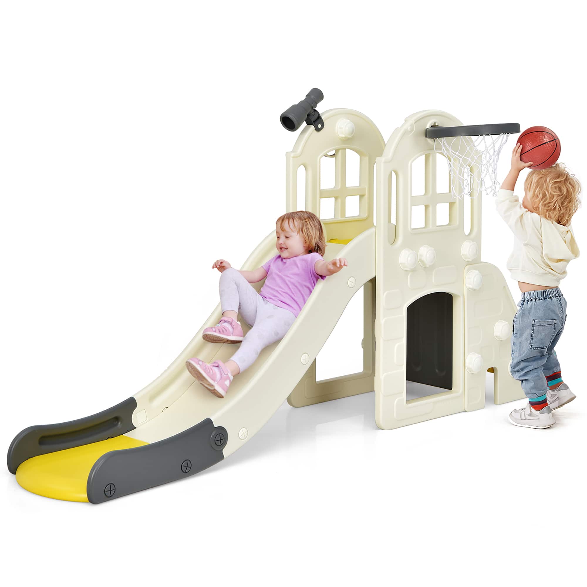 Costway - 6-In-1 Large Slide for Kids Toddler Climber Slide Playset w/ Basketball Hoop - Yellow