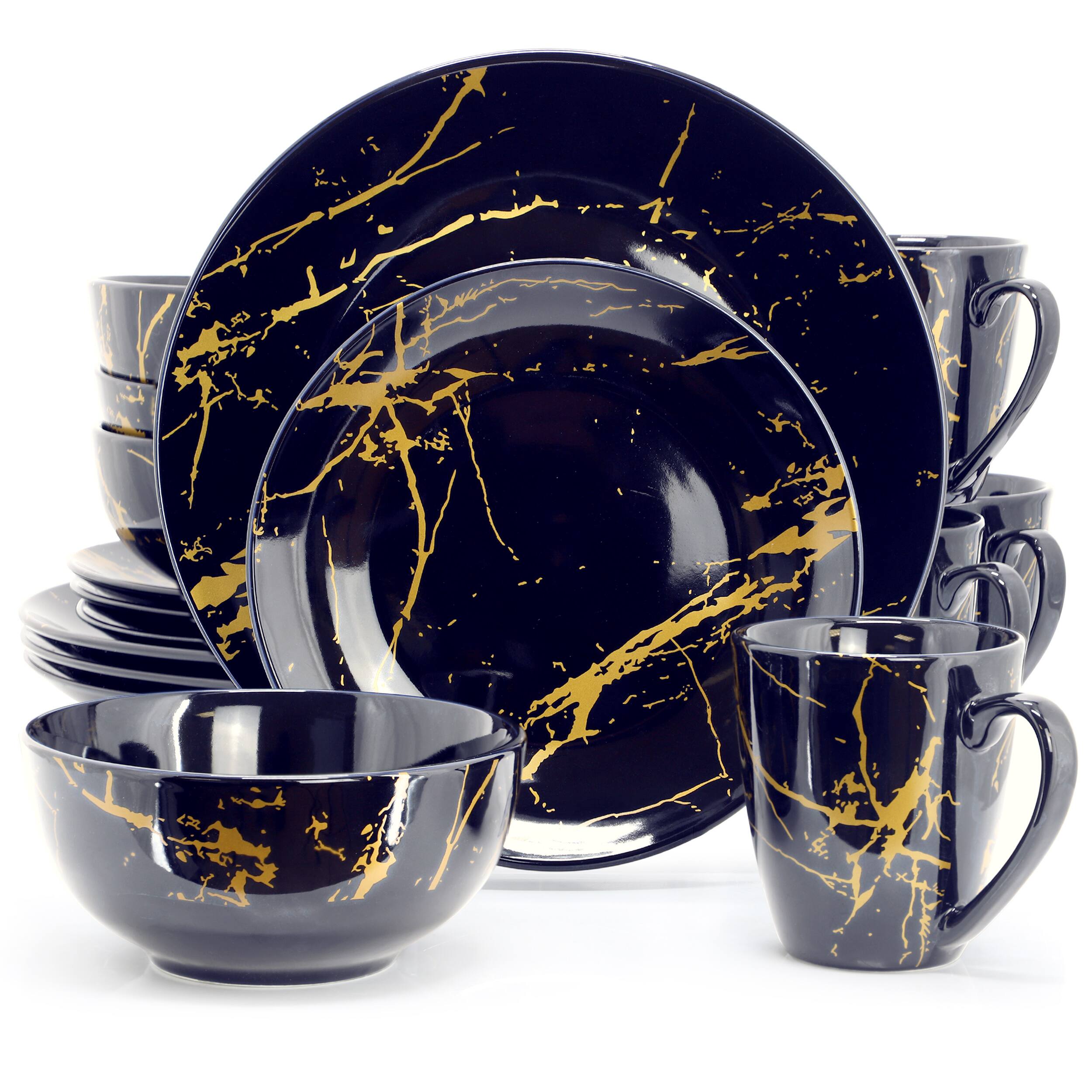 Alt View 3. Elama - Elama Fine Marble 16 Piece Porcelain Dinnerware Set in Dark Blue with Gold Veining - Dark Blue and Gold.