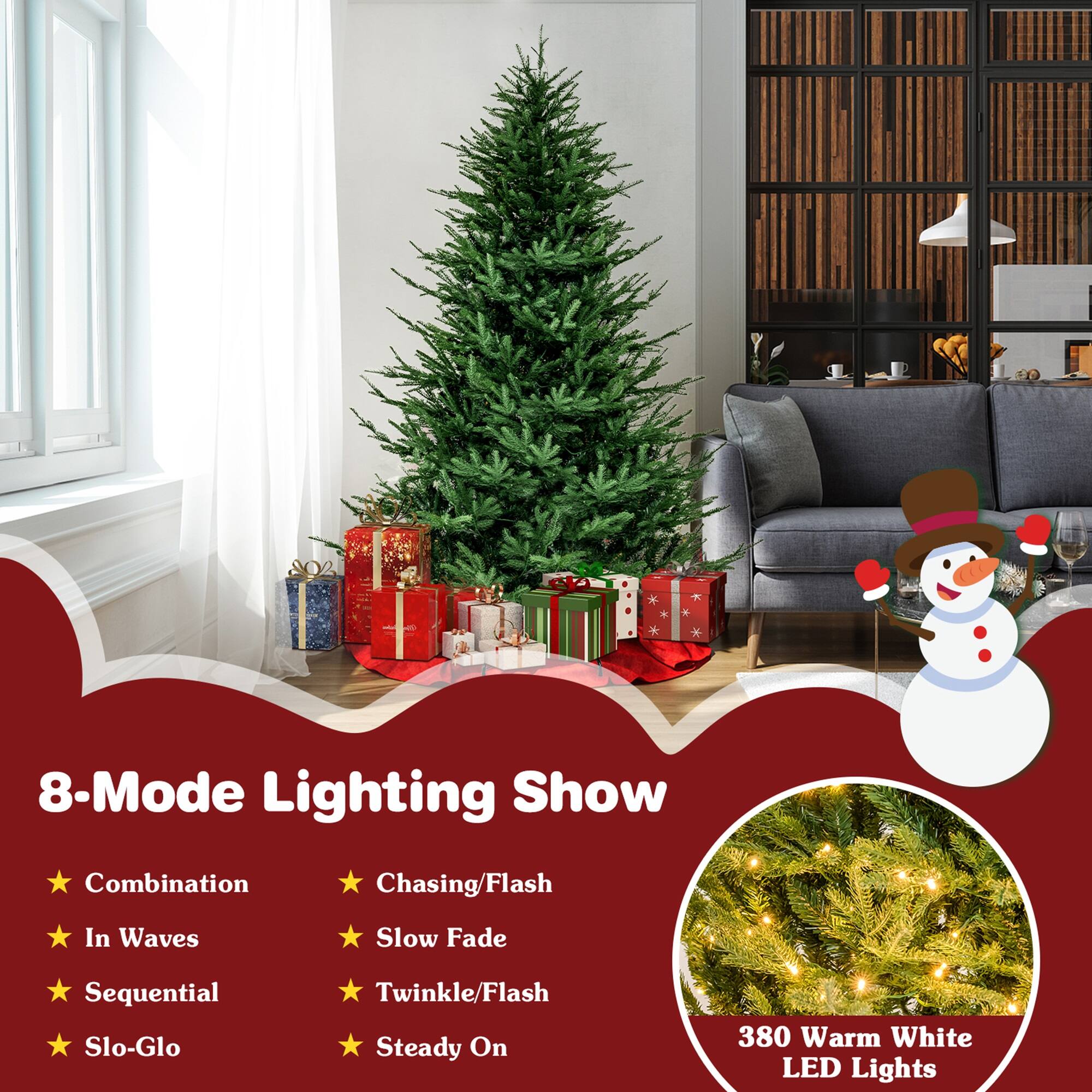 The image features a Christmas tree with presents underneath it, and a couch in the background. The text on the image reads: "8-Mode Lighting Show Combination Chasing/Flash In Waves Slow Fade Sequential Slo-Glo Twinkle/Flash Steady On 380 Warm White LED Lights."