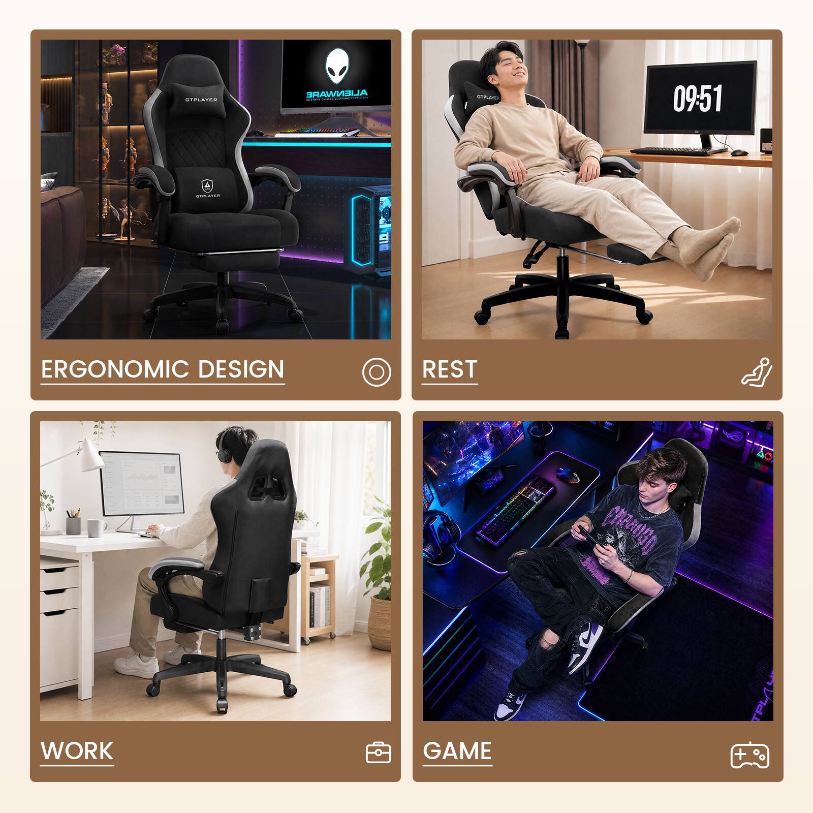 aTO428 ALIENWARE | I - SINA 09:51 d CA. E E ERGONOMIC DESIGN REST CNAAHGO WORK GAME