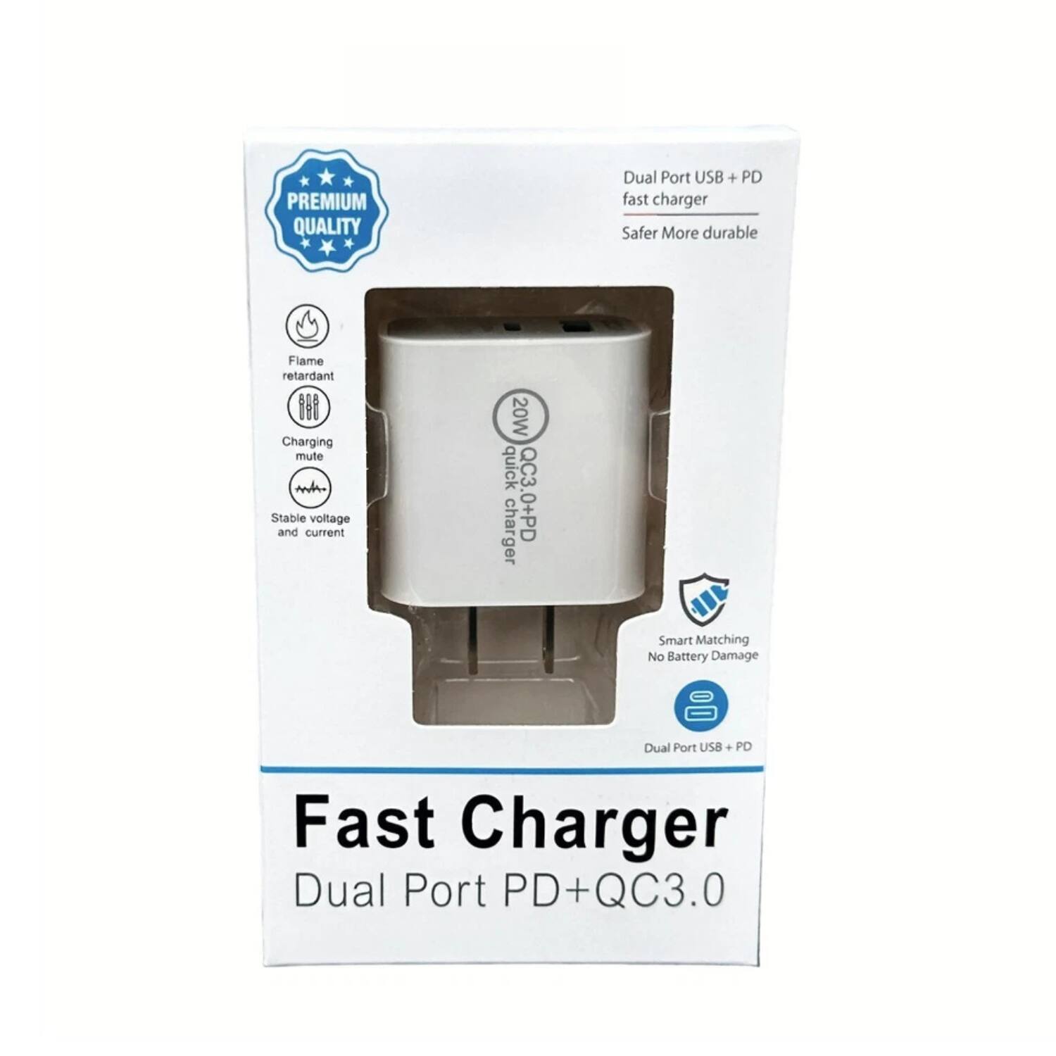 PREMIUM QUALITY Dual Port USB + PD fast charger  
Safer More durable  
Flame retardant  
Charging mute  
Stable voltage and current  
20W quick QC3 charger  
Smart Matching  
No Battery Damage  
Dual Port USB + PD Fast Charger  
Dual Port PD+QC3.0
