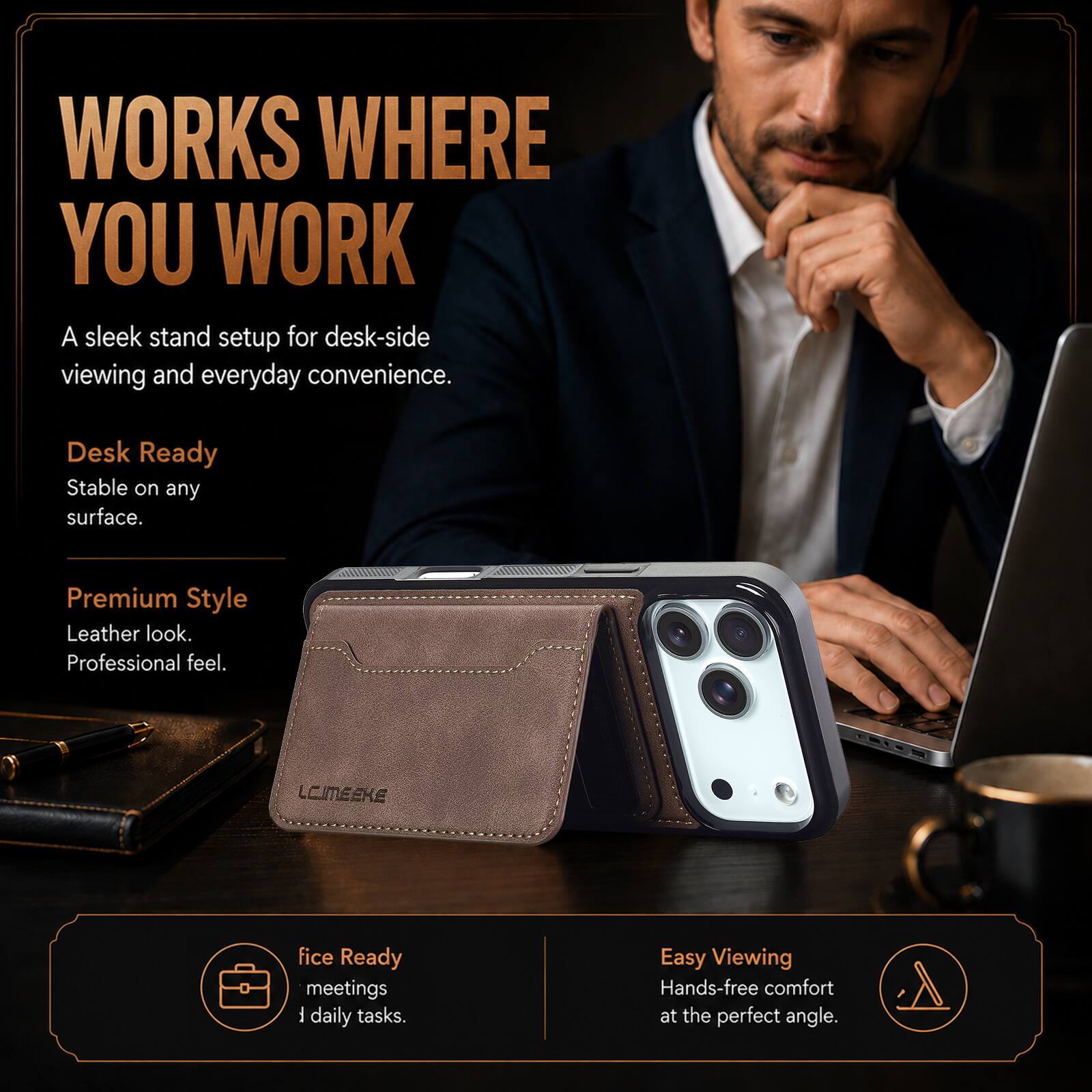 WORKS WHERE YOU WORK  
A sleek stand setup for desk-side viewing and everyday convenience.  

Desk Ready  
Stable on any surface.  

Premium Style  
Leather look.  
Professional feel.  

LCIMEKE  

Office Ready  
meetings  
daily tasks.  

Easy Viewing  
Hands-free comfort at the perfect angle.