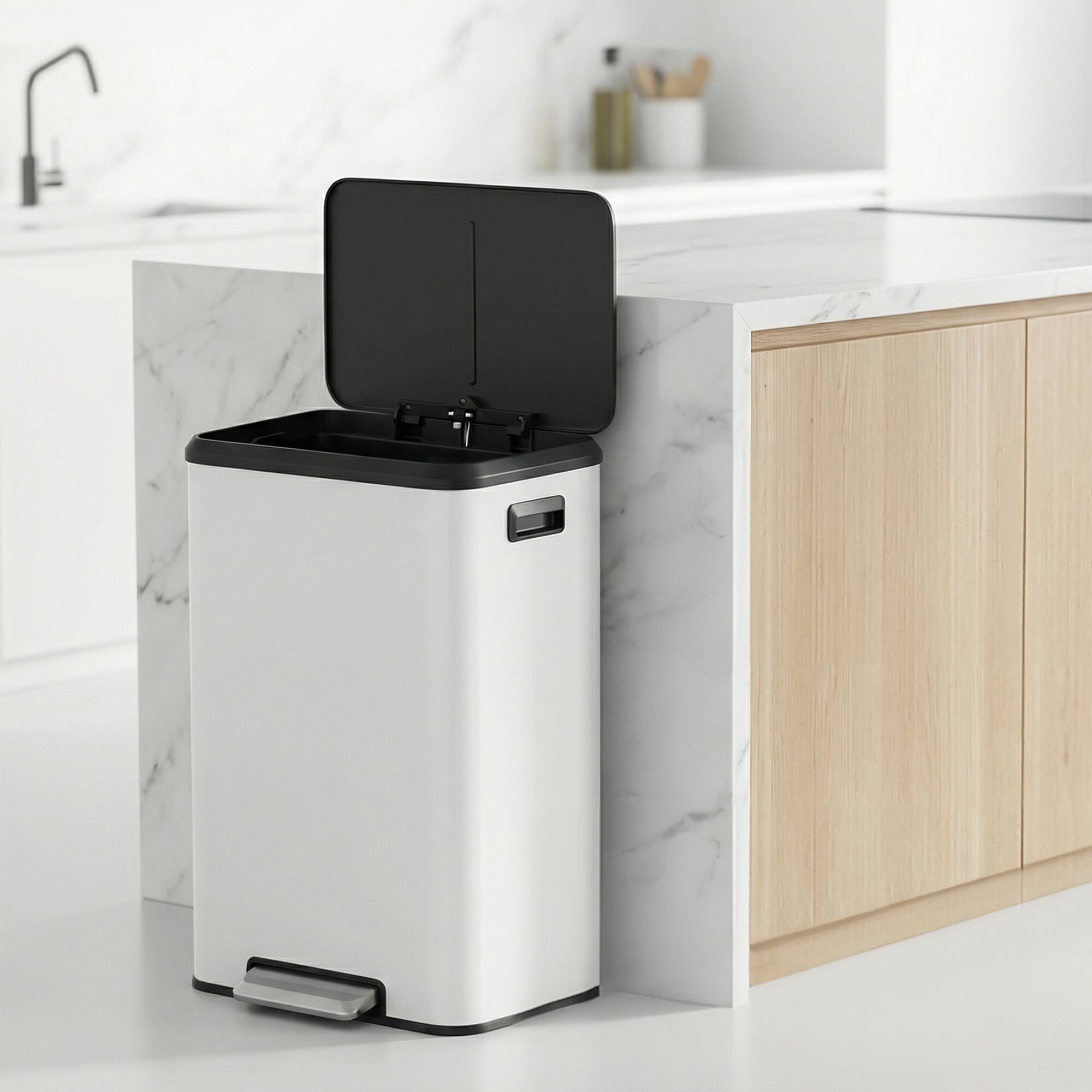 Angle. Songmics Home - Kitchen Trash Can, 10.5-Gallon (40L) Garbage Can with Lid and Wide Foot Pedal, Soft Close and Stays Open - White.