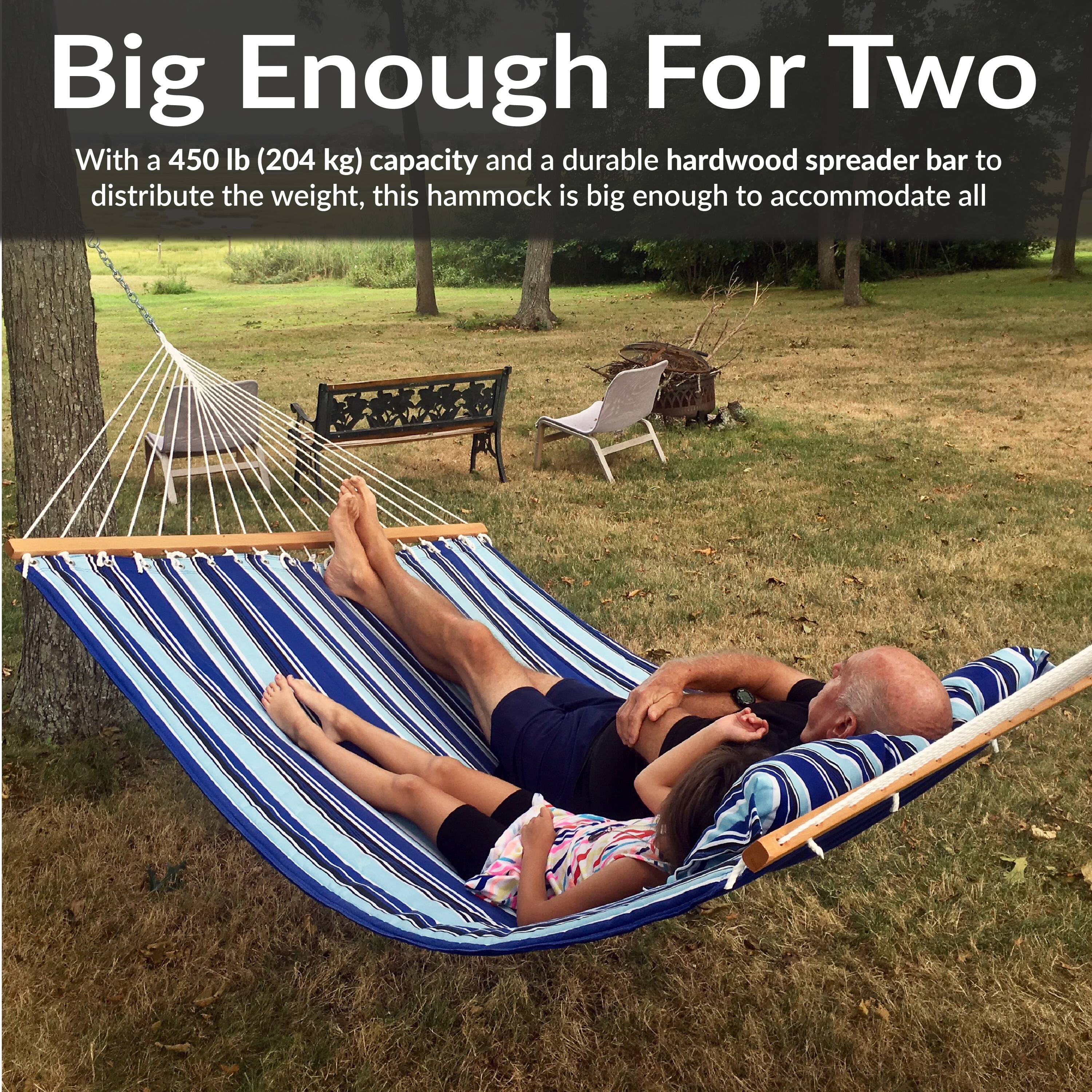 Big Enough For Two

With a 450 lb (204 kg) capacity and a durable hardwood spreader bar to distribute the weight, this hammock is big enough to accommodate all.