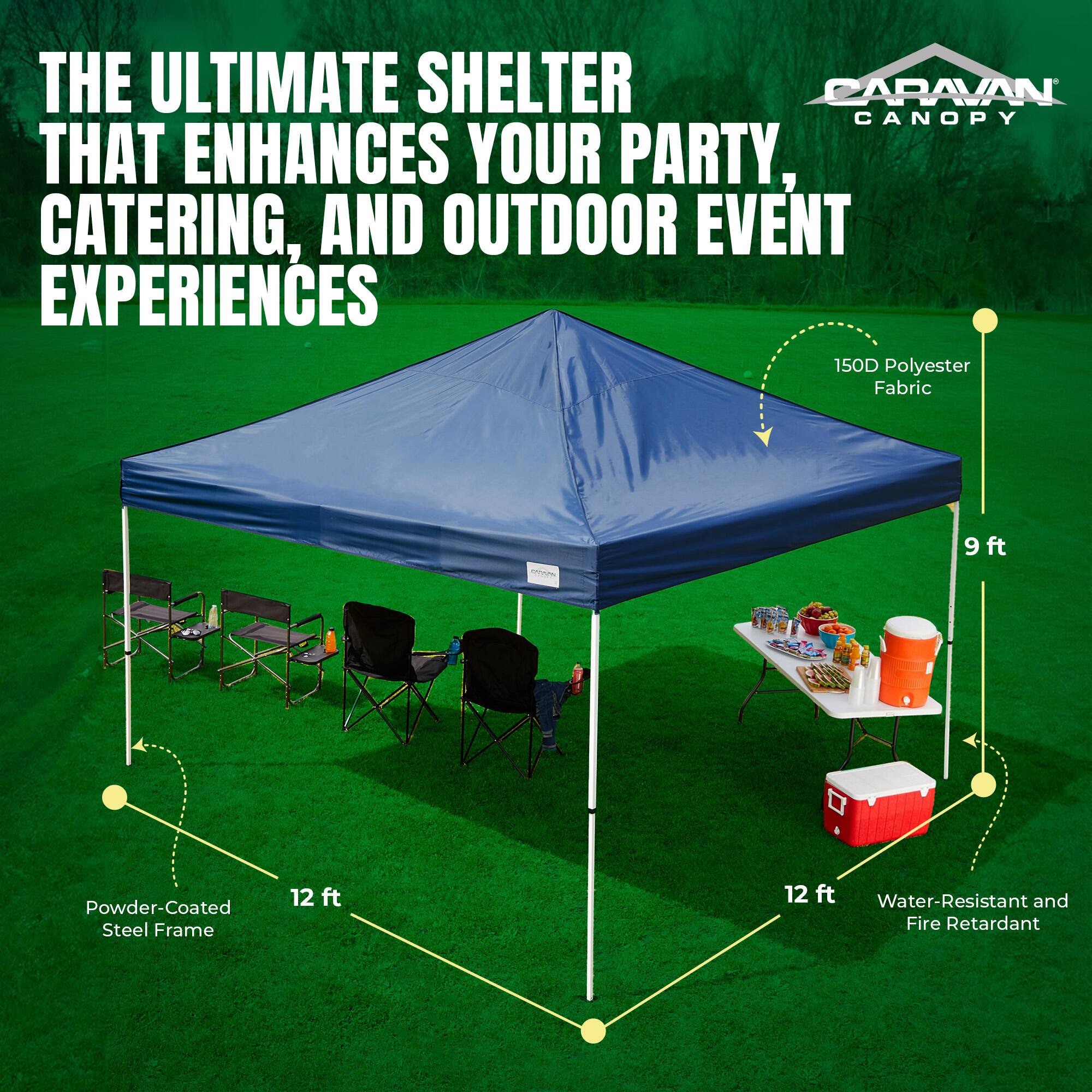 THE ULTIMATE SHELTER THAT ENHANCES YOUR PARTY, CATERING, AND OUTDOOR EVENT EXPERIENCES

150D Polyester Fabric  
9 ft Powder-Coated Steel Frame  
12 ft x 12 ft  
Water-Resistant and Fire Retardant