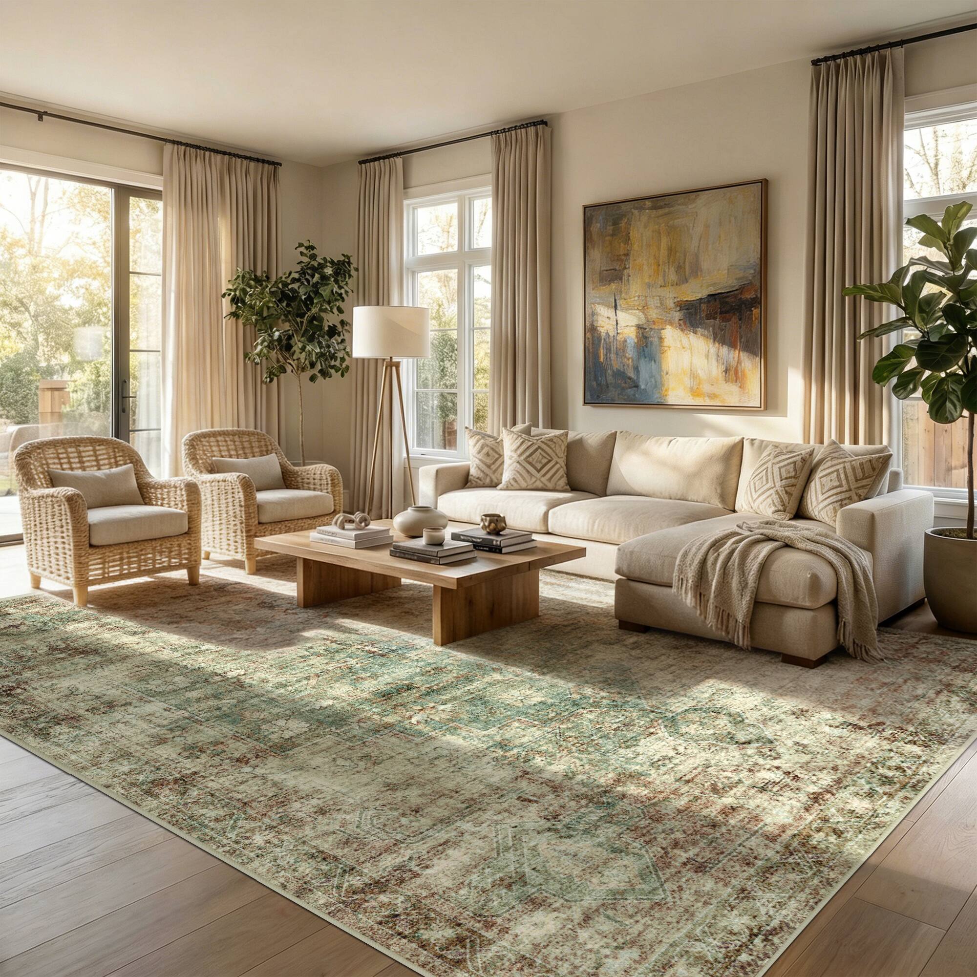 Alt View 4. KERDOM - Boho Vintage Large Area Rug 8x10 ft Machine Washable for Living Room, Bedroom & Dining Room, Non Slip Soft Low Pile Thin - Green Brown.