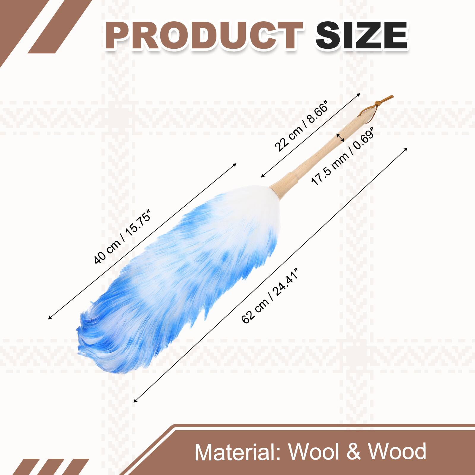 PRODUCT SIZE  
- 15.75" cm 40  
- 8.66" cm 22  
- 0.69" mm 17.5  
- 24.41" cm 62  

Material: Wool & Wood