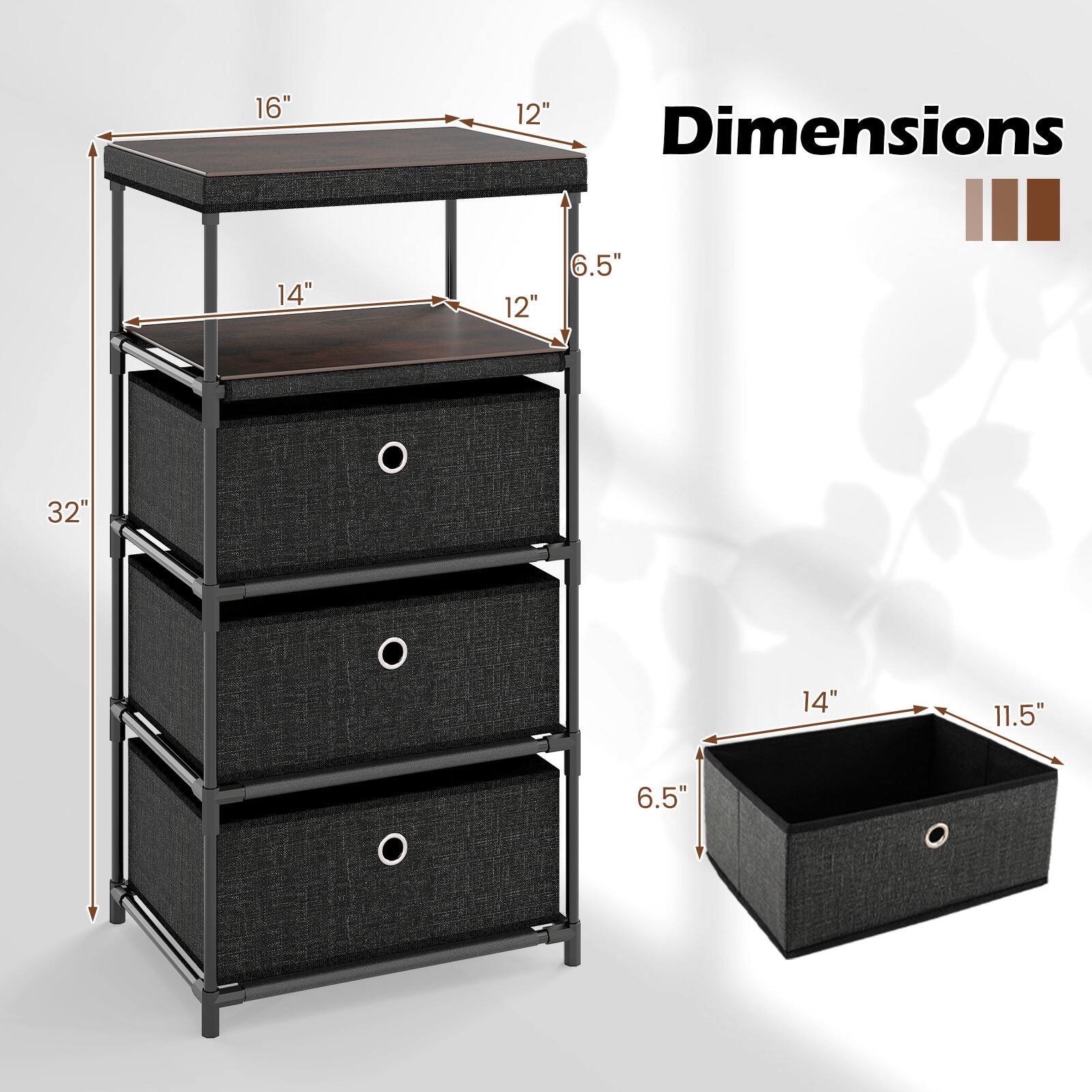 Dimensions

- Height: 32"
- Top Shelf: 16" x 12"
- Second Shelf: 14" x 12"
- Drawer: 14" x 11.5" x 6.5"