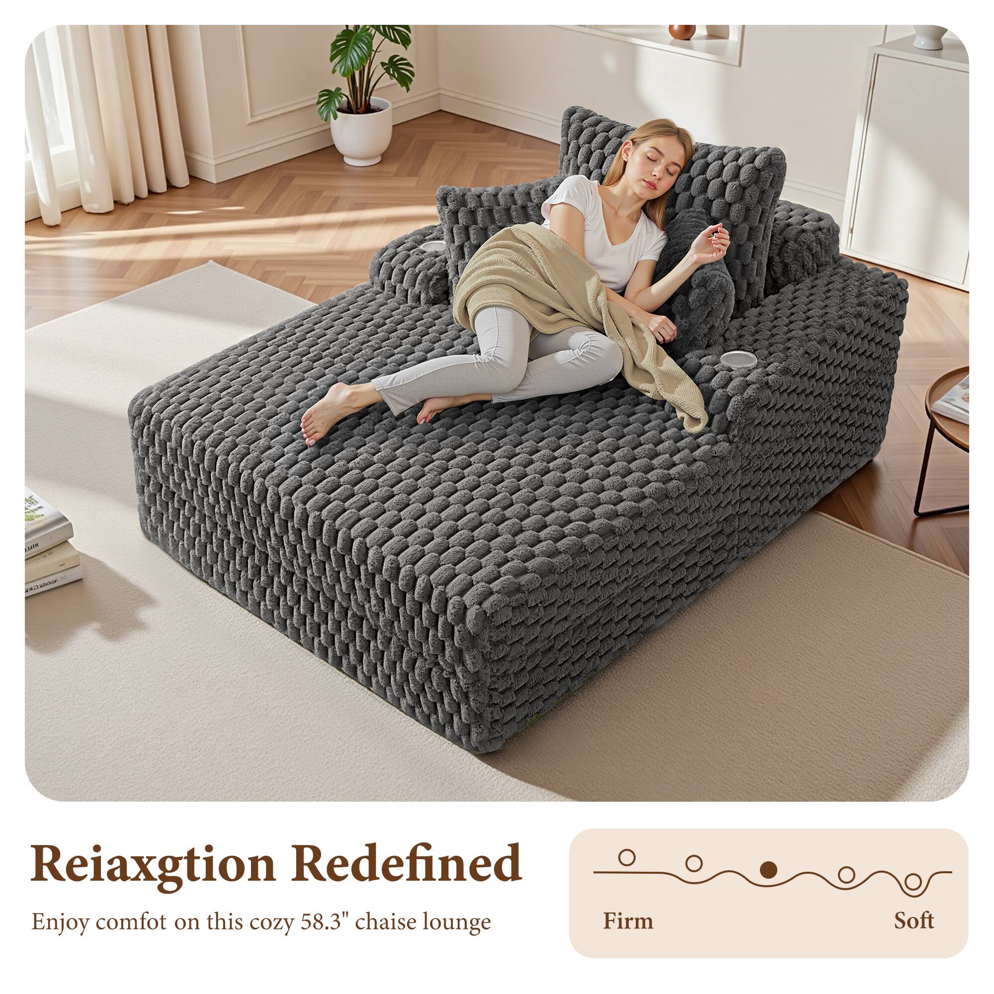 Reiaxgtion Redefined  
Enjoy comfort on this cozy 58.3" chaise lounge  
Firm Soft