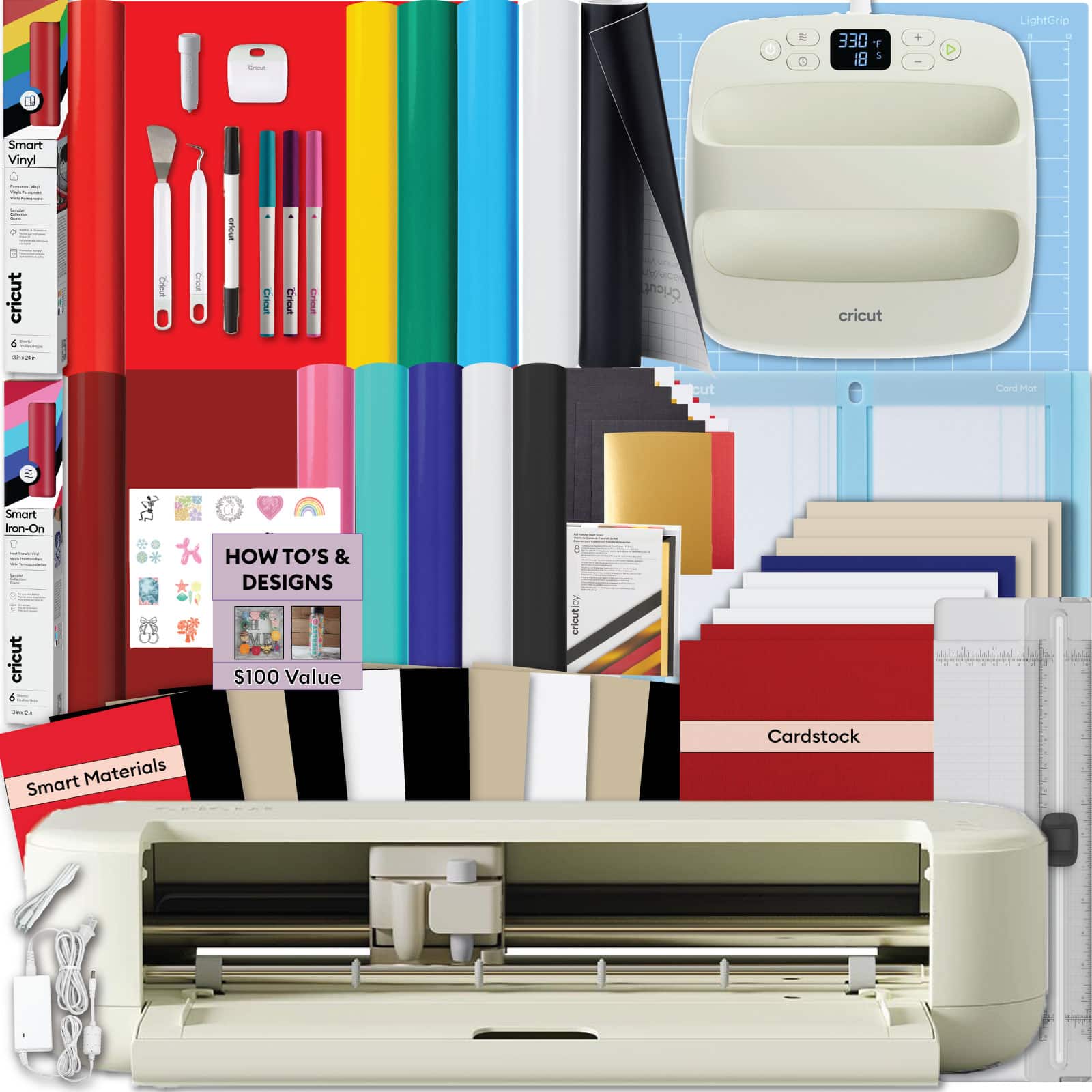 Cricut - Explore 5 Crafting Bundle with EasyPress 9x9, Smart Vinyl & Iron-On, Pens and Card Set