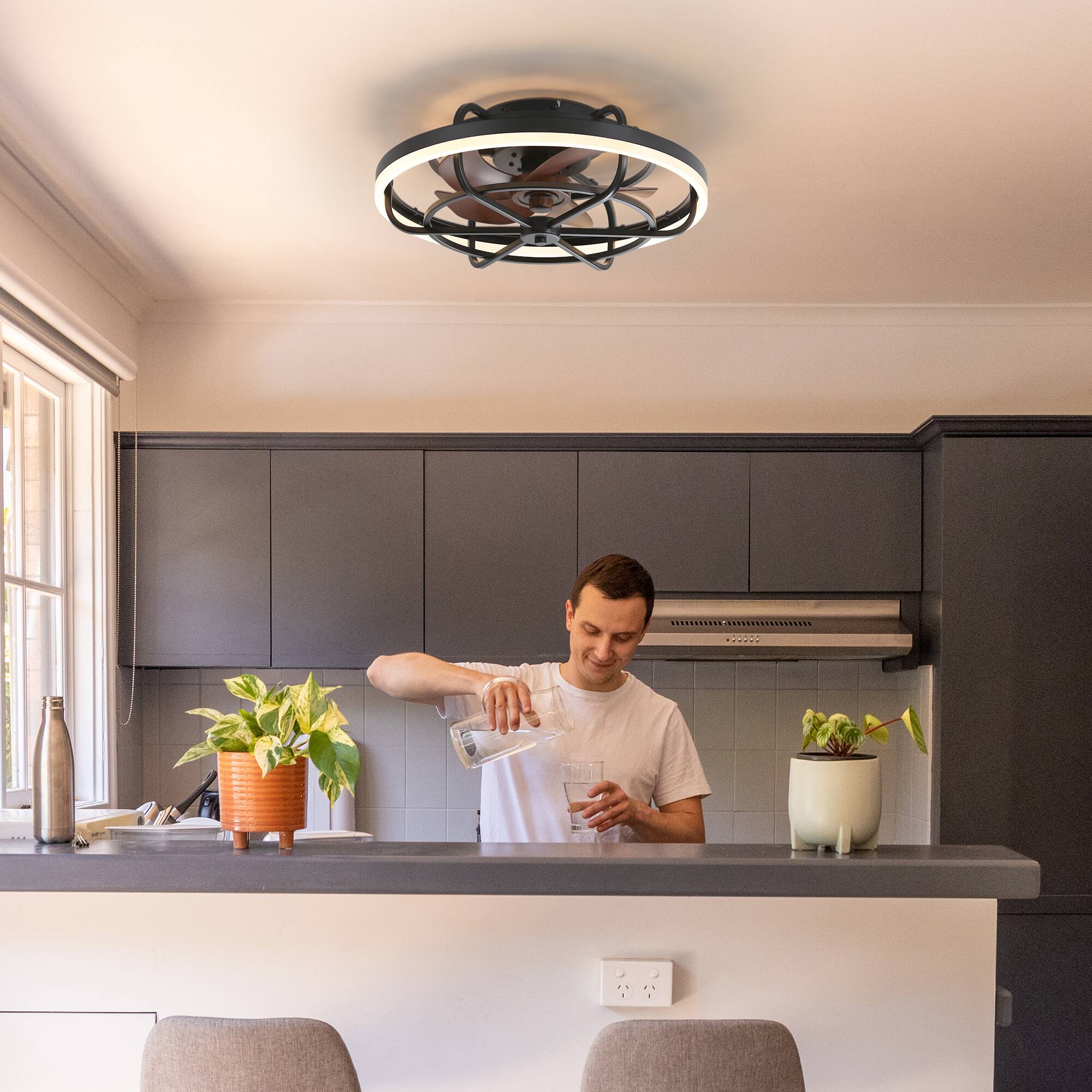 Back. Breezary - 19.7-In Flush Mount Cage Ceiling Fan with 5 Blades, 3-Color Light, 6-Speed Remote Control, Timer with Memory - Matte Black and Wood Grain.