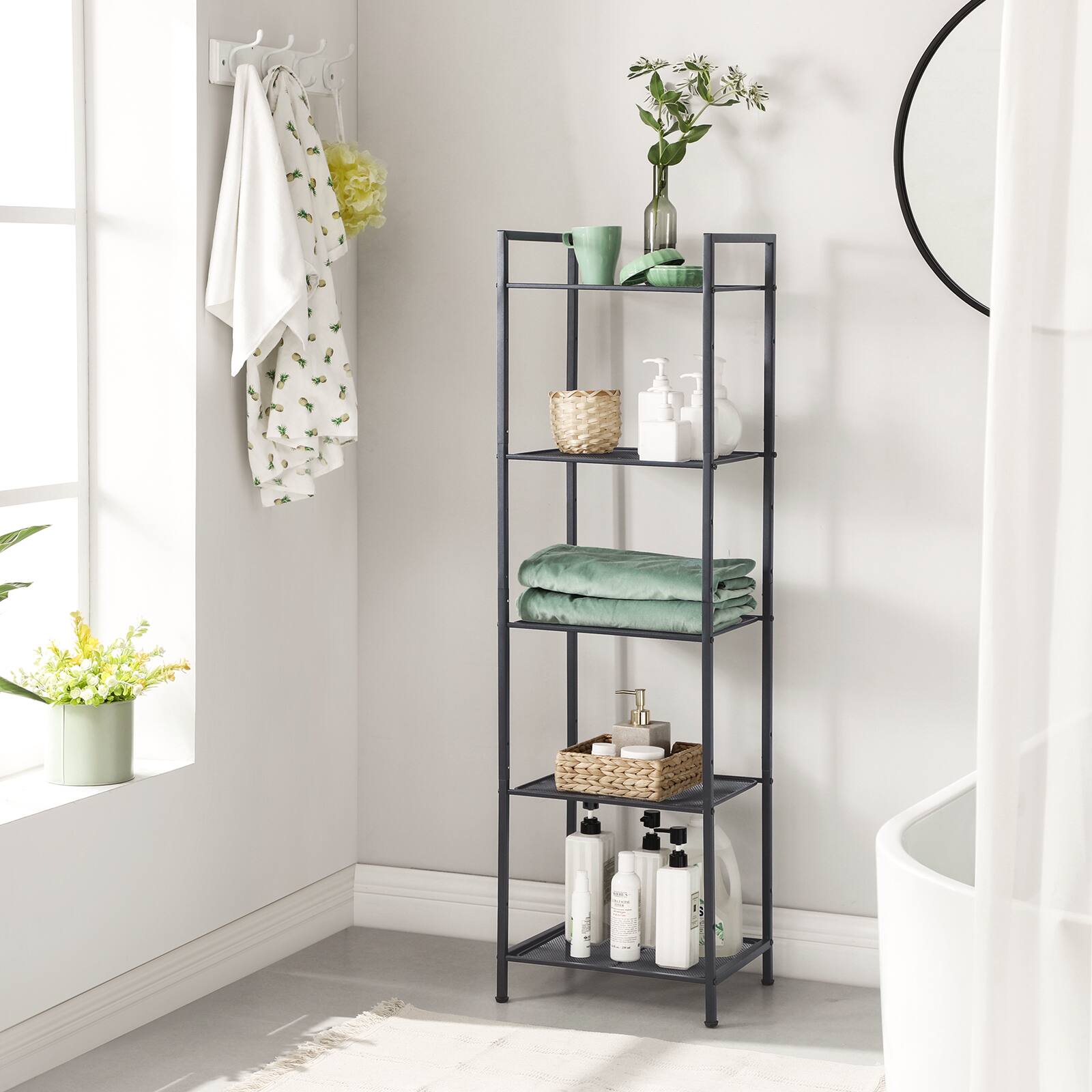 Left. Songmics Home - 5-Tier Storage Rack, Bathroom Shelf, Extendable Plant Stand with Adjustable Shelf - Black.