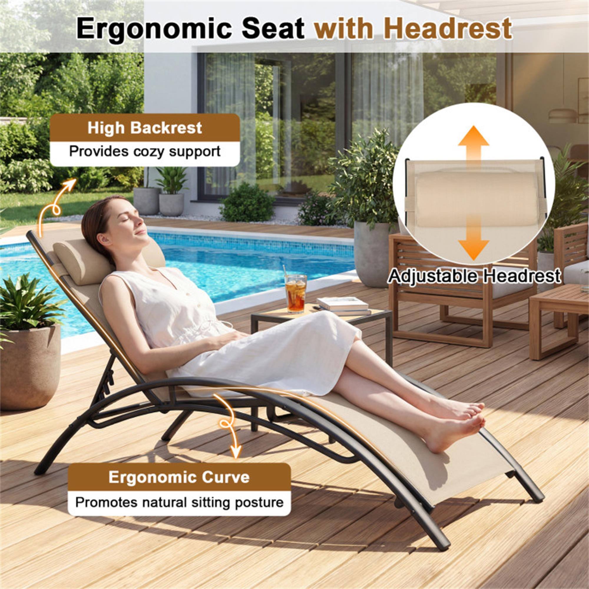 Ergonomic Seat with Headrest

- High Backrest
  - Provides cozy support

- Adjustable Headrest

- Ergonomic Curve
  - Promotes natural sitting posture