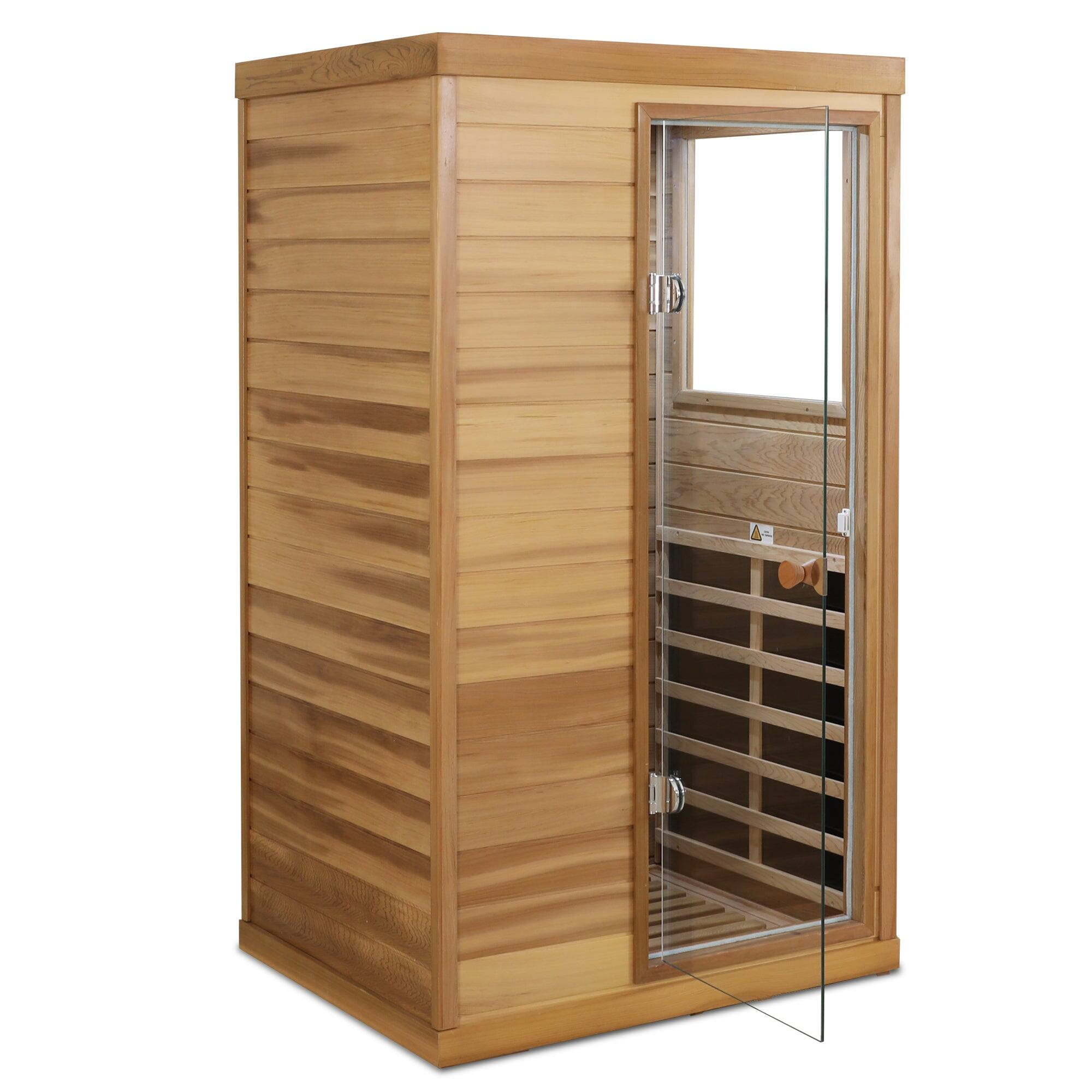 Alt View 8. Boyel Living - Red Cedar Mini 1-Person Far Infrared Sauna with Glass Door (Right) and Bluetooth Audio - Natural Wood+Caramel.
