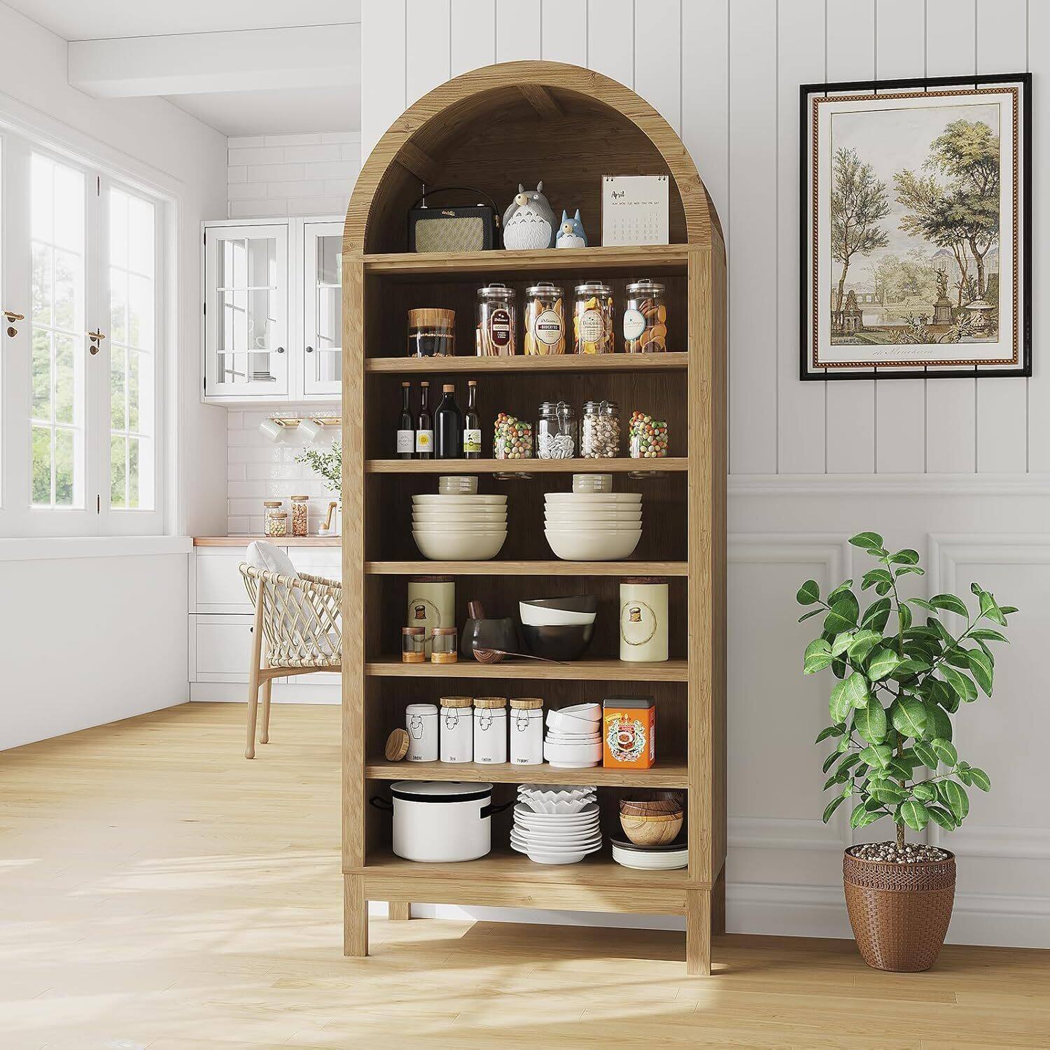 Front. Babevy - 71in Tall Natural Arched Shoe Cabinet, 7-Tier Wooden Rack with Adjustable Shelves, Modern Organizer - Oak.
