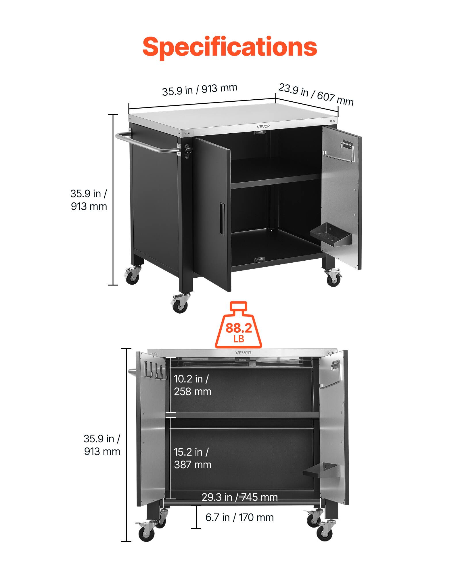 Specifications

- 35.9 in / 913 mm
- 23.9 in / 607 mm
- 88.2 LB
- 10.2 in / 258 mm
- 15.2 in / 387 mm
- 29.3 in / 745 mm
- 6.7 in / 170 mm