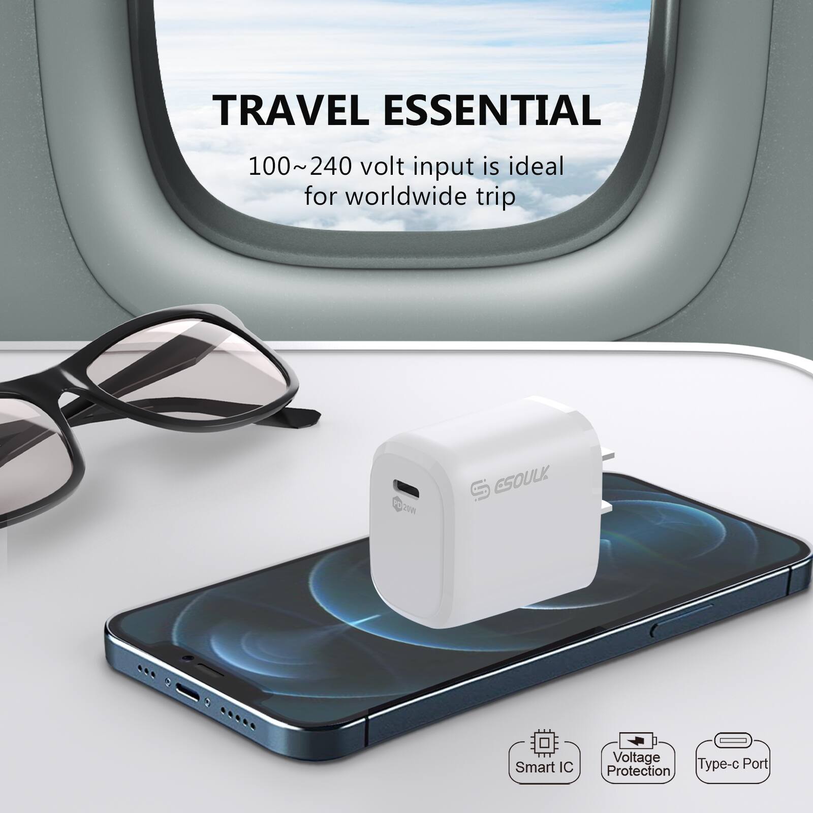 TRAVEL ESSENTIAL

100~240 volt input is ideal for worldwide trip

ESOULK

Smart IC  
Voltage Protection  
Type-c Port