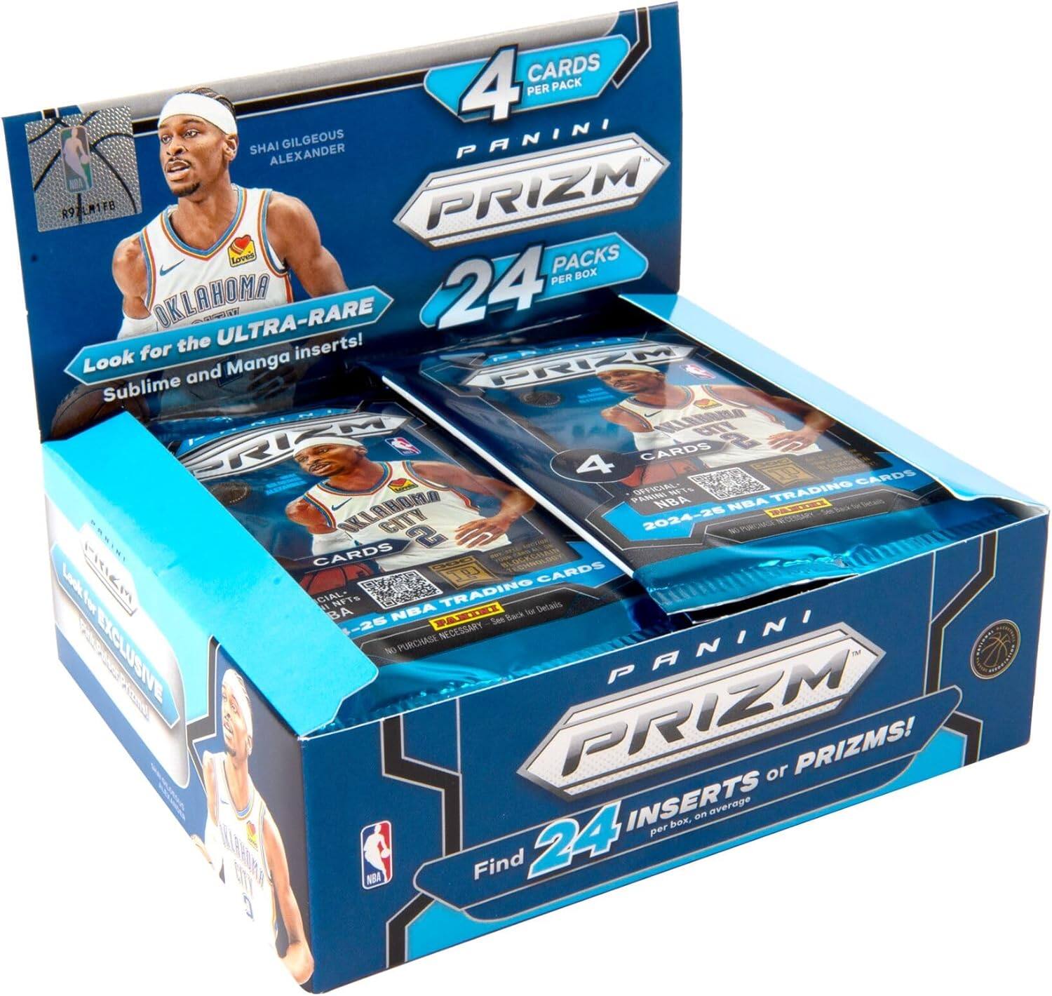 CARDS 4 PER PACK  
SHAI GILGEOUS ALEXANDER  
PANINI R92M17B R9 FB PRIZM  
24 PACKS PER BOX  
OKLAHOMA  
ULTRA-RARE  
Look for the ULTRA-RARE Sublime and Manga inserts!  
24 INSERTS or PRIZMS!  
PANINI PRIZM  
2024-25 NBA TRADING CARDS  
Find 24 INSERTS or PRIZMS!  
PANINI EXCLUSIVE  
NO PURCHASE NECESSARY
