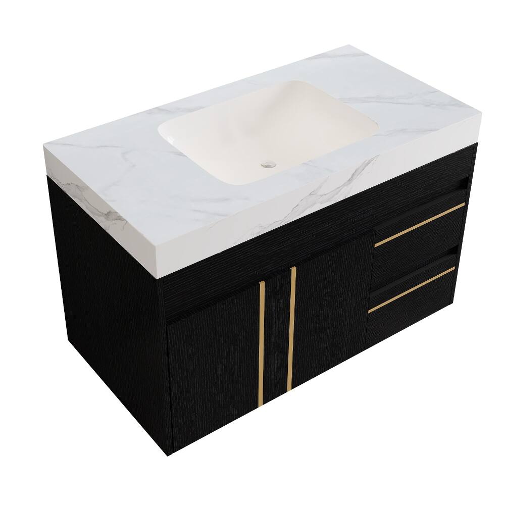 Alt View 4. Loheer - Loheer 36 inch floating bathroom vanity with ceramic sink and sintered stone top, black and white - Black, White.