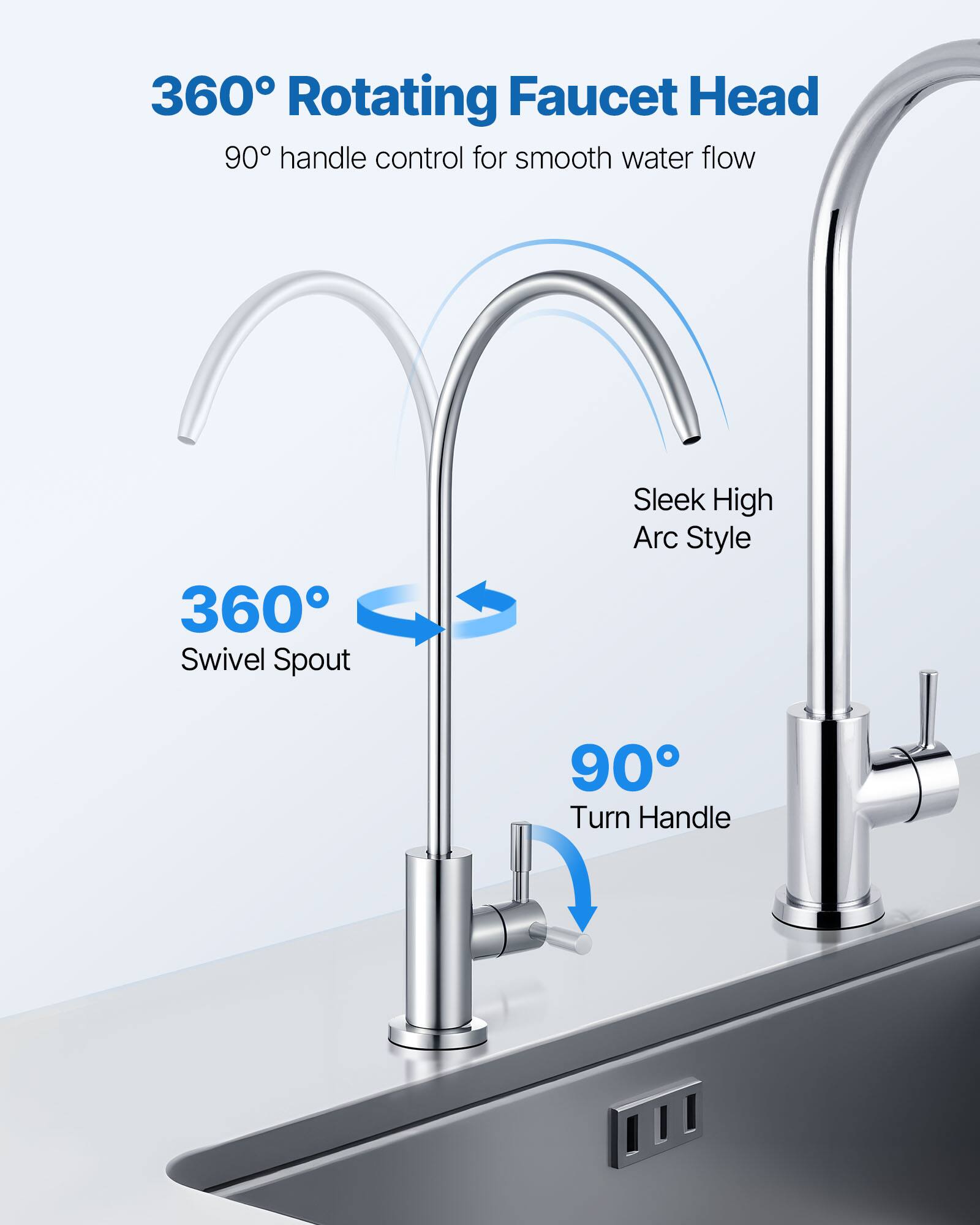 360° Rotating Faucet Head  
90° handle control for smooth water flow  

360° Swivel Spout  

Sleek High Arc Style  

90° Turn Handle