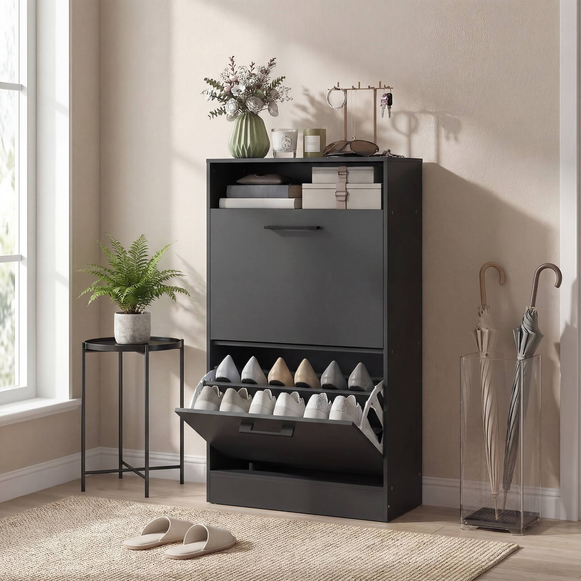 Alt View 8. Homcom - Cabinet 2 Flip Drawers Adjustable Dividers Shoe Storage Cabinet Top Shelf Entryway - Black.