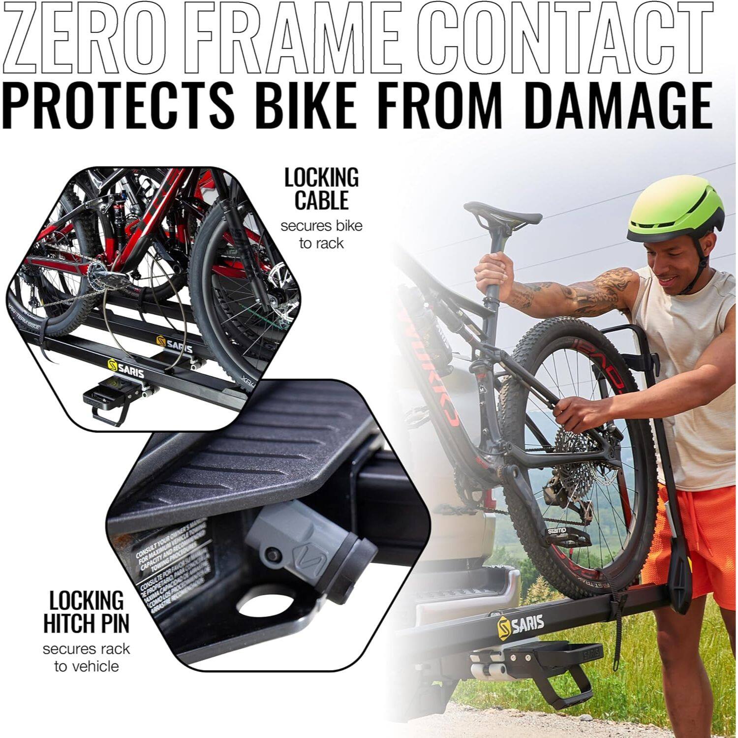 ZERO FRAME CONTACT PROTECTS BIKE FROM DAMAGE

LOCKING CABLE secures bike to rack

LOCKING HITCH PIN secures rack to vehicle