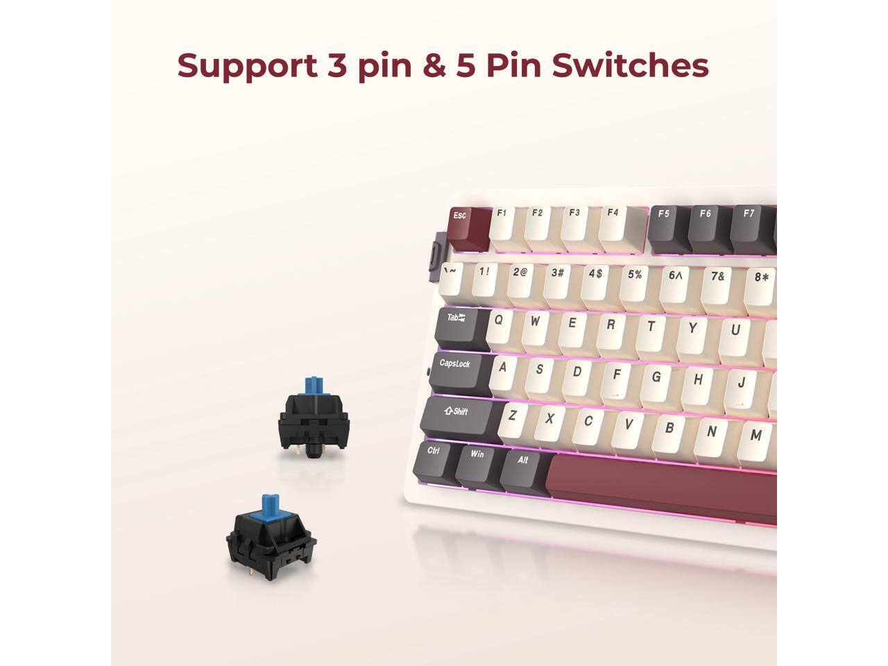 Support 3 pin & 5 Pin Switches  
Esc F1 F2 F3 F4 F5 F6 F7  
1! 2@ 3# 4$ 5% 6^ 7& 8*  
Tab Q W E R T Y U CapsLock  
A S D F G H J K L  
Shift Z X C V B N M  
Ctrl Win Alt