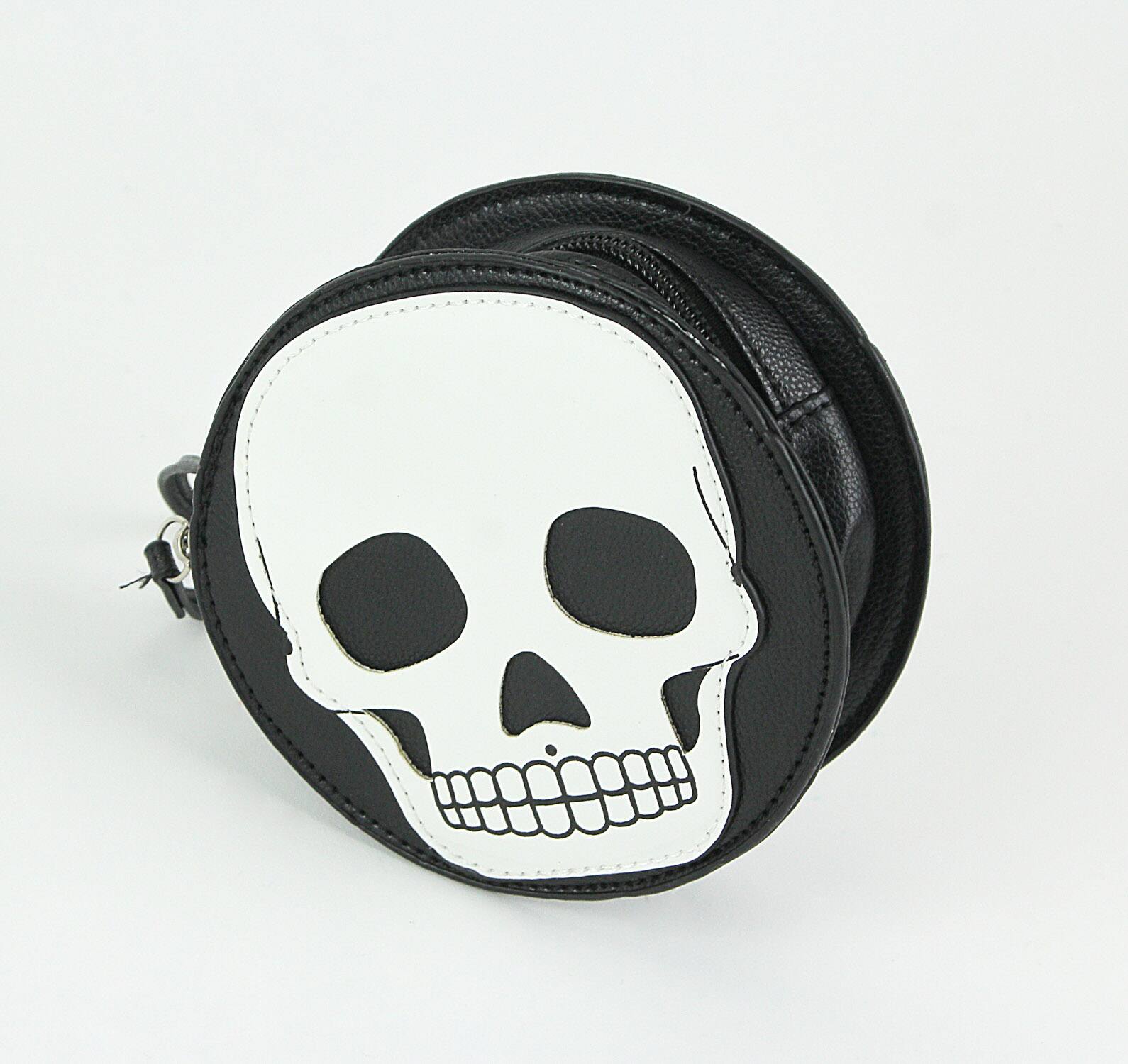 Alt View 1. Comeco - Textured Black Vinyl Skull Design Round Wristlet Purse with Removable Strap 5 Inch Diameter - Black.