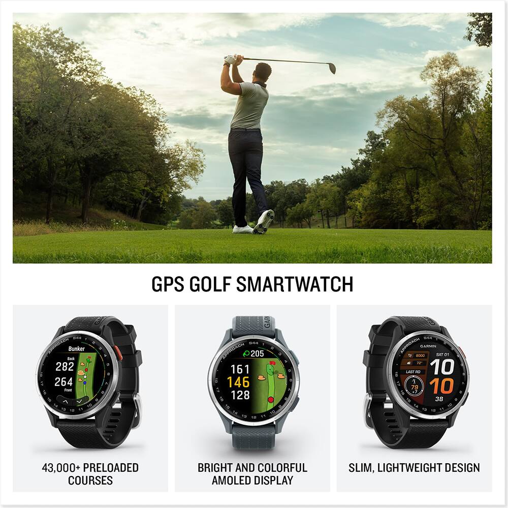 GPS GOLF SMARTWATCH

- 43,000+ PRELOADED COURSES
- BRIGHT AND COLORFUL AMOLED DISPLAY
- SLIM, LIGHTWEIGHT DESIGN

Bunker 282 264  
GAR 205 161 146 128  
SL APPROACH GARMIN SAT 31  
W LASS DO 10 67 10 79 V 38 13 43