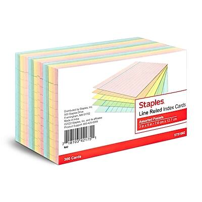Staples  
Line Ruled Index Cards  
Assorted Pastels  
3" x 5" (7.6 cm x 12.7 cm)  
300 Cards  
ST51002  

Distributed by Staples Inc.  
Franklin, MA 02038  
1-800-333-3333  
MAZ Staples  
Product Support 1-800-425-0049  

MA  
91702  

Made in India