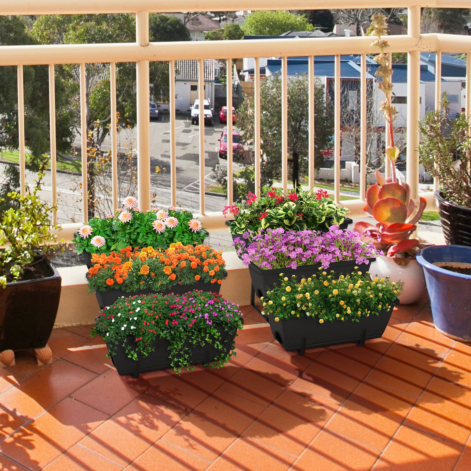 Alt View 2. Oumilen - 2-Piece Raised Garden Planter Set, Black 3-Tier Staggered Plant Boxes with Metal Stand for Vegetables Flowers Herbs.