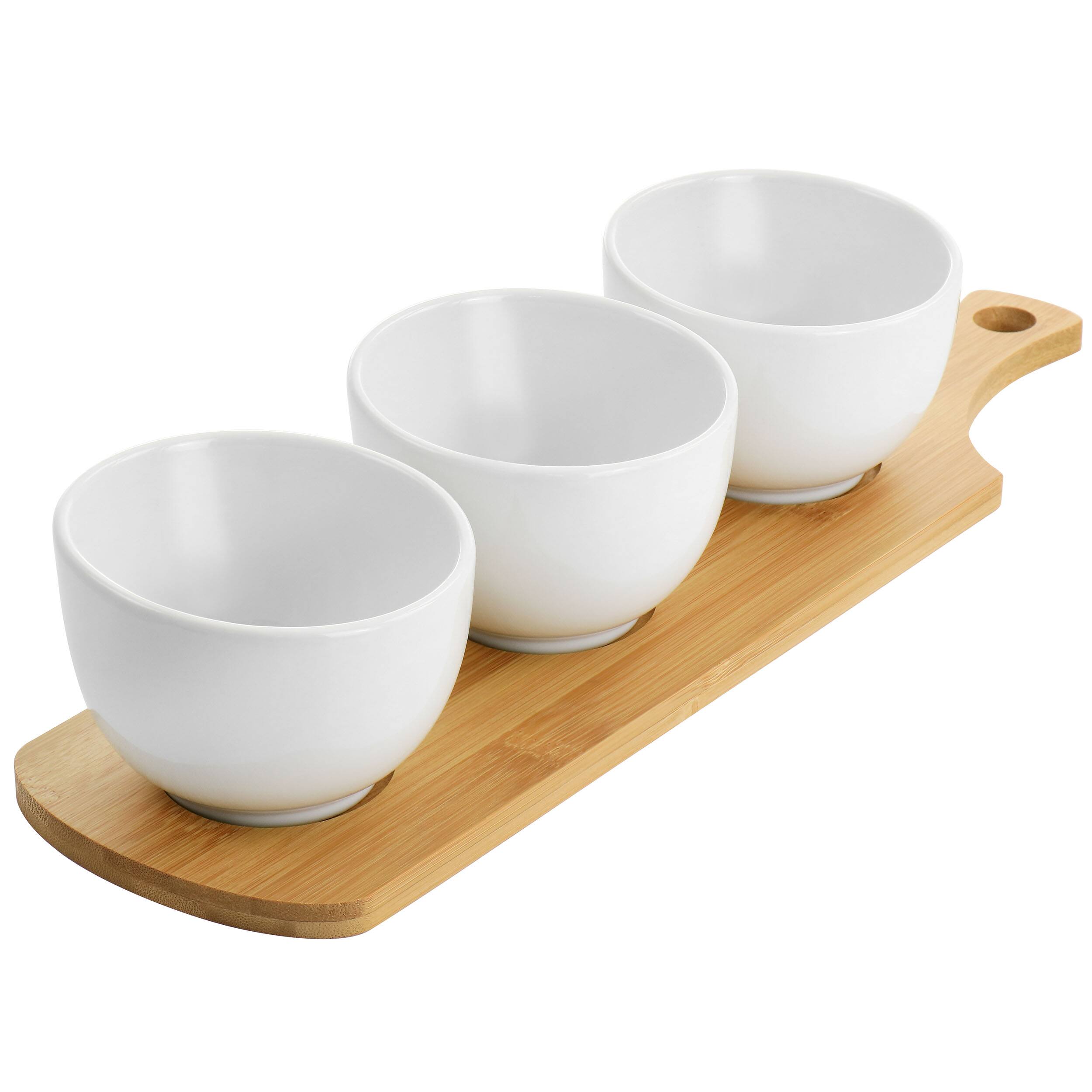 Angle. Gibson - Gibson Elite Gracious Dining 4 Piece Fine Ceramic Tidbit Bowl Set with Base in White - Brown.