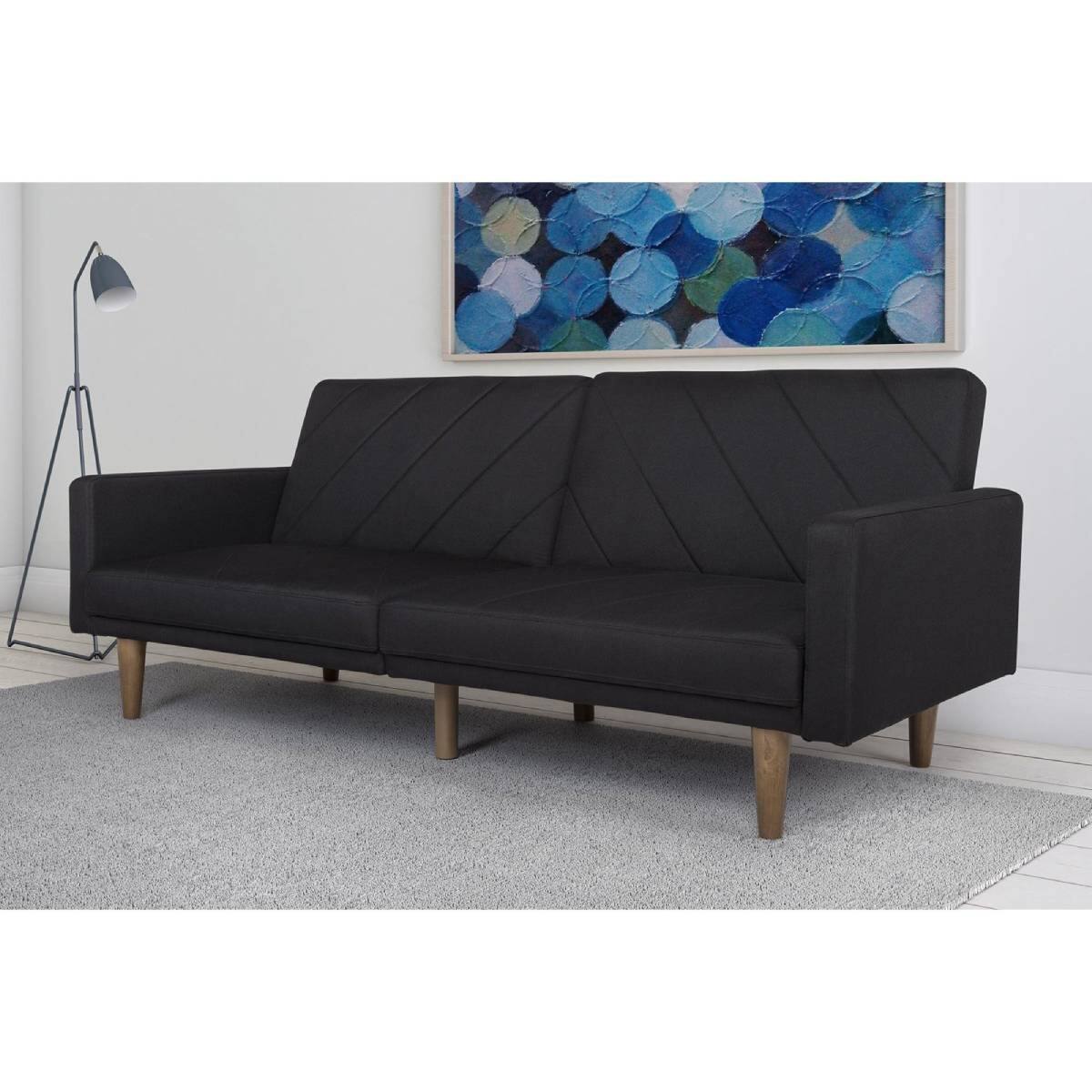 Left. Hivvago - Black Mid-Century Modern Linen Upholstered Sofa Bed with Classic Wood Legs - Black.