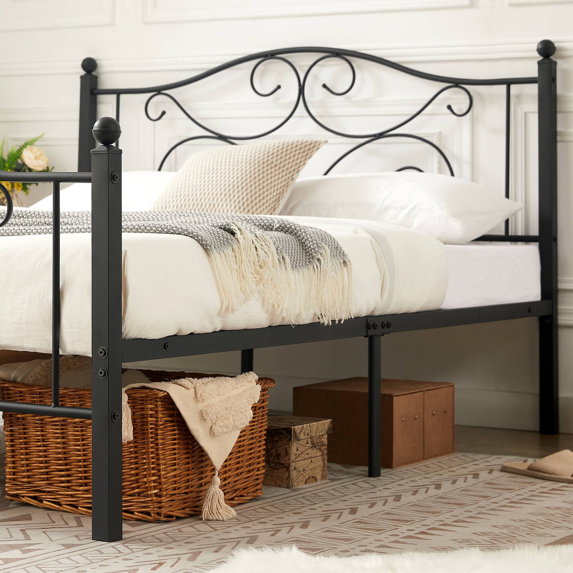 Back. Vecelo - Queen Bed Frame with Headboard & Footboard, Heavy Duty Steel Slats - No Box Spring, Easy Assembly, Dark Black - Black.