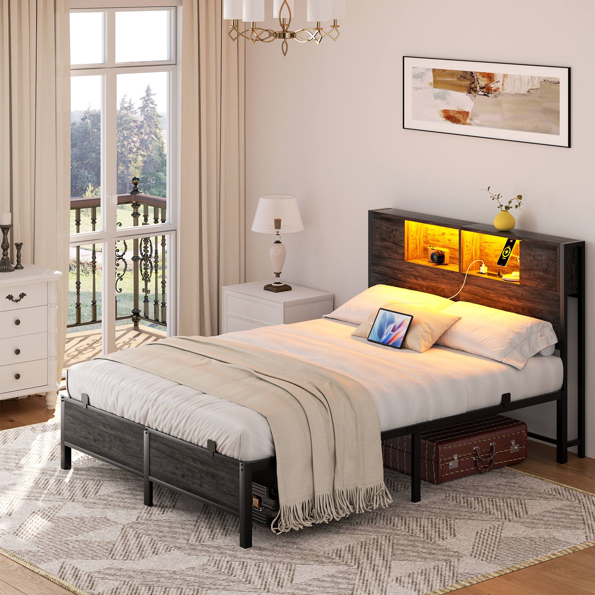 Alt View 3. Aheaplus - Industrial Metal Bed Frame: Storage Headboard / Charging, LED Lights, Steel Slats, No Box Spring, Easy Assembly - Black Oak.