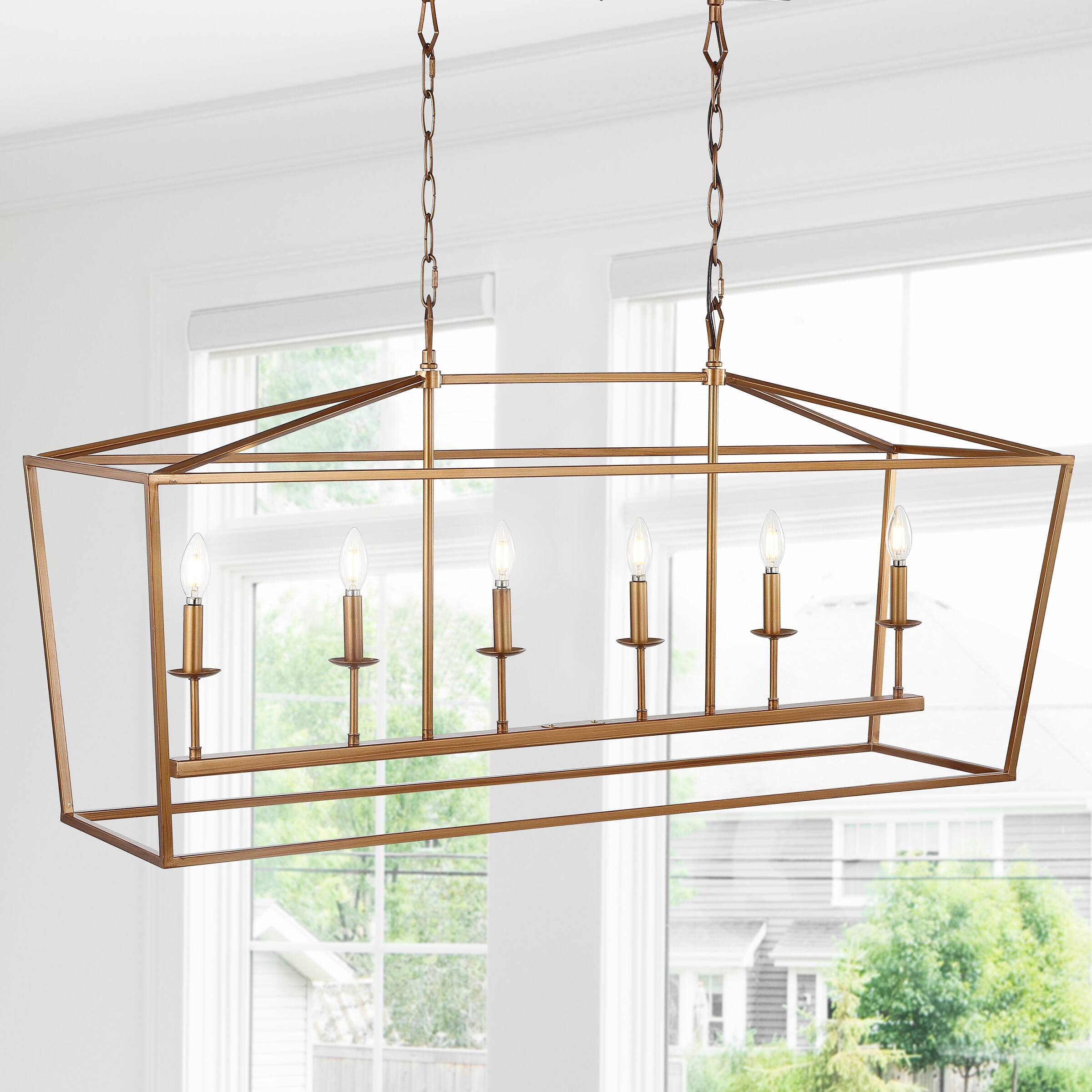 Alt View 1. Jonathan Y - Pagoda 49" 6-Light Classic Traditional Metal Linear Cage Lantern LED Pendant, Antique Gold - Antique Gold.