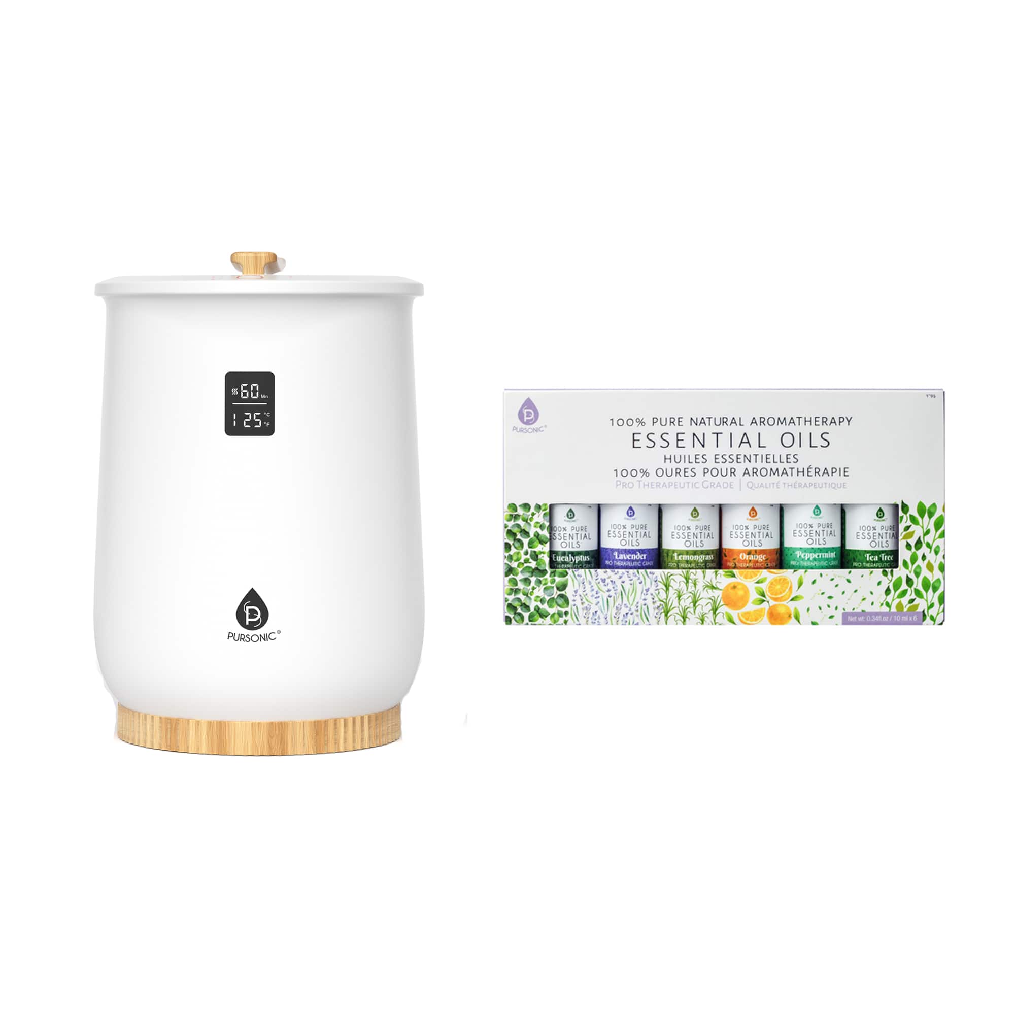 Pursonic - Home Spa Bucket Towel Warmer Bundle – Large-Capacity Warmer with Adjustable Heat (20–90 Min) + 6 Essential Oils - White