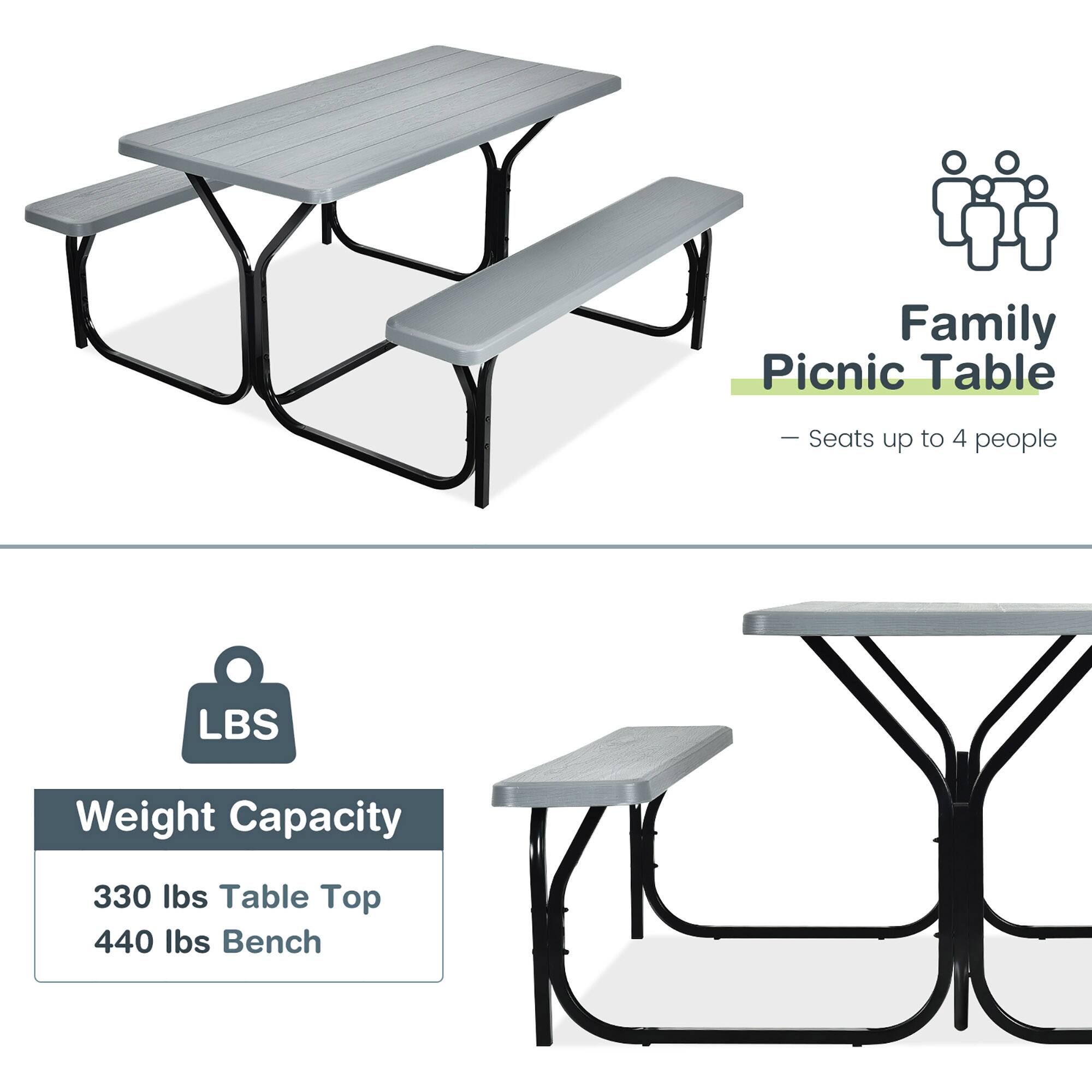 Family Picnic Table  
— Seats up to 4 people  

Weight Capacity  
330 lbs Table Top  
440 lbs Bench