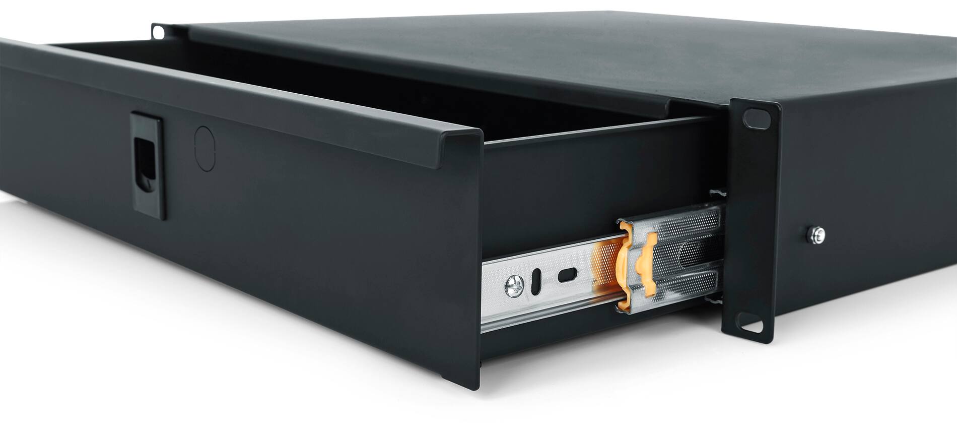 Angle. Gator - 2U Lockable Rack Drawer with 14.2-Inch Depth, 16-Gauge Steel Construction and Rear Cable Access.