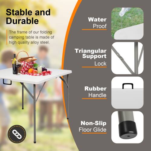 Stable and Durable  
The frame of our folding camping table is made of high quality alloy steel.

- Water Proof
- Triangular Support Lock
- Rubber Handle
- Non-Slip Floor Glide