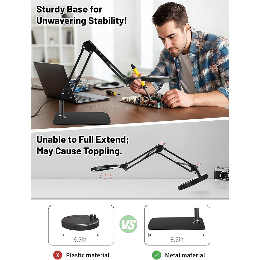 Sturdy Base for Unwavering Stability!

Unable to Full Extend; May Cause Toppling.

6.5in Plastic material

VS

9.5in Metal material