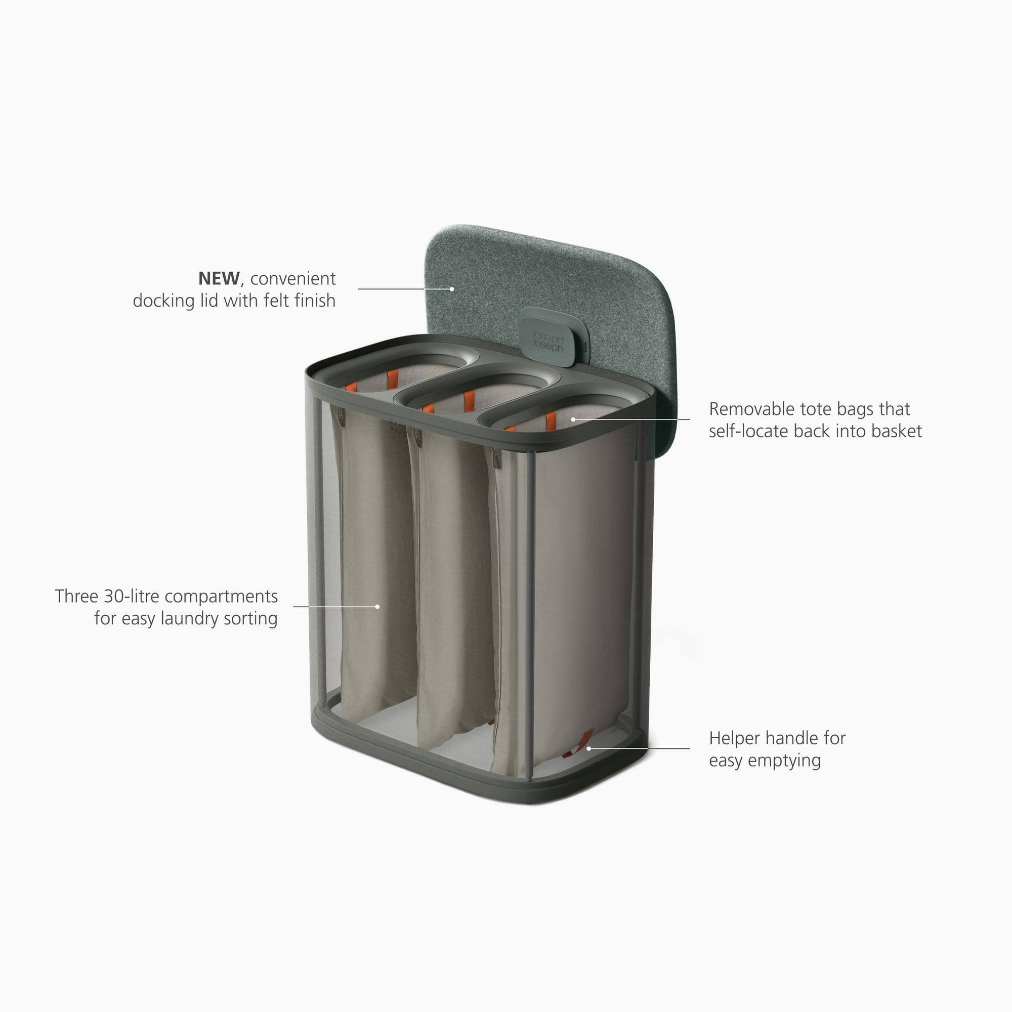 NEW, convenient docking lid with felt finish

110680 Joseph

Removable tote bags that self-locate back into basket

Three 30-litre compartments for easy laundry sorting

Helper handle for easy emptying
