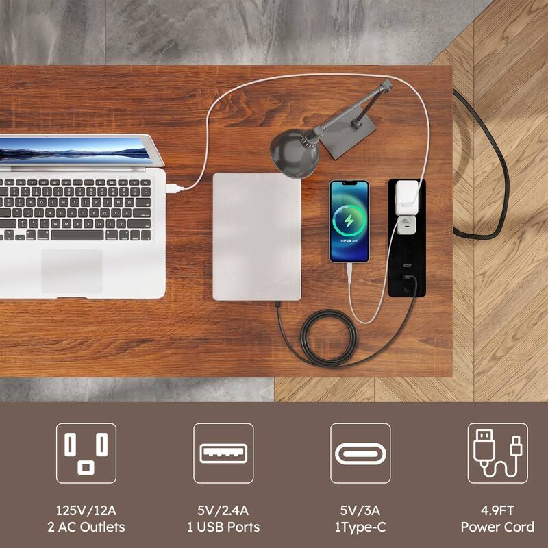 125V/12A 2 AC Outlets 5V/2.4A 1 USB Ports 5V/3A 1 Type-C 4.9FT Power Cord