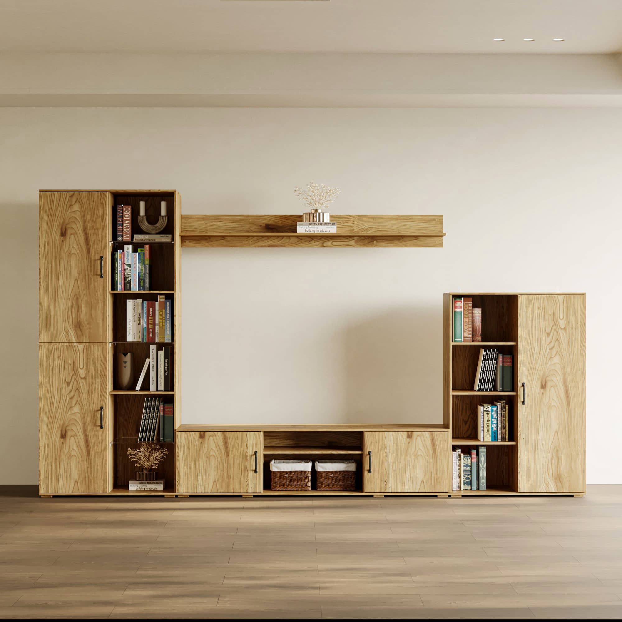 Famapy - Modern Media Wall Unit with Upto 60" TV Stand, Bookshelves and Display Cabinets Multifunctional Entertainment Center - Wooden