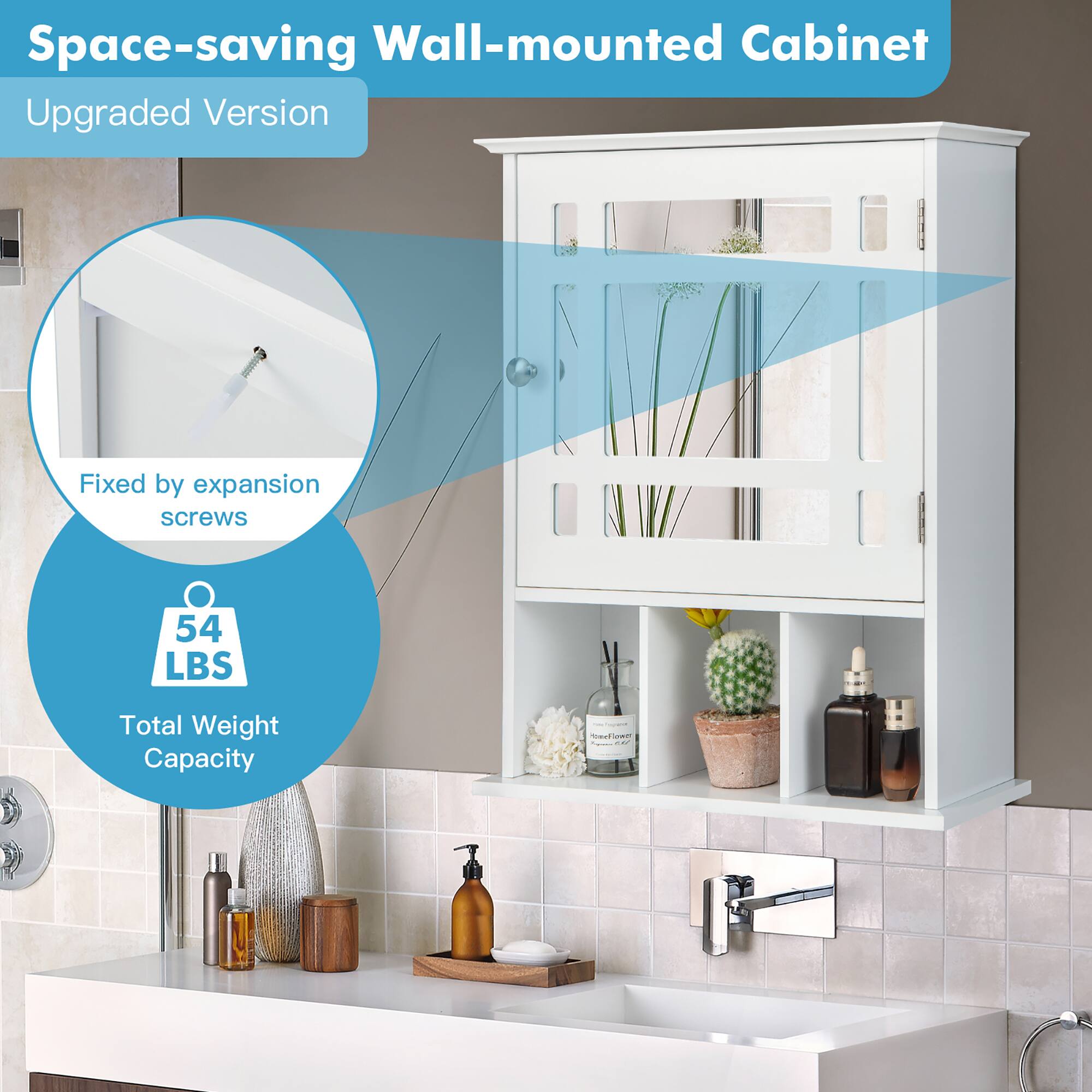 Space-saving Wall-mounted Cabinet Upgraded Version | Fixed by expansion screws | 54 LBS Total Weight Capacity
