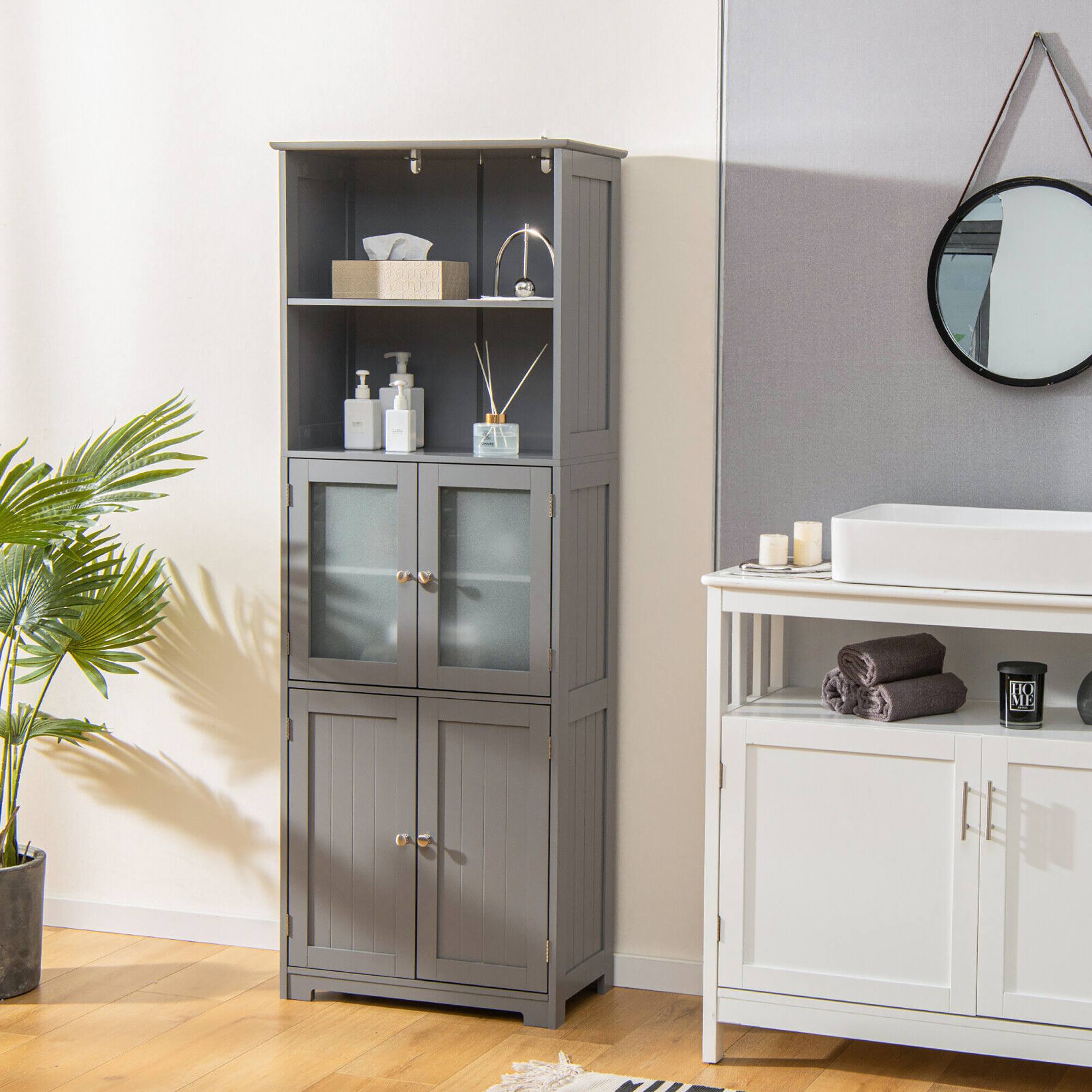 Alt View 2. Gymax - Gymax Bathroom Tall Storage Cabinet Linen Tower w/ Glass Door & Adjustable Shelf Grey - Gray.